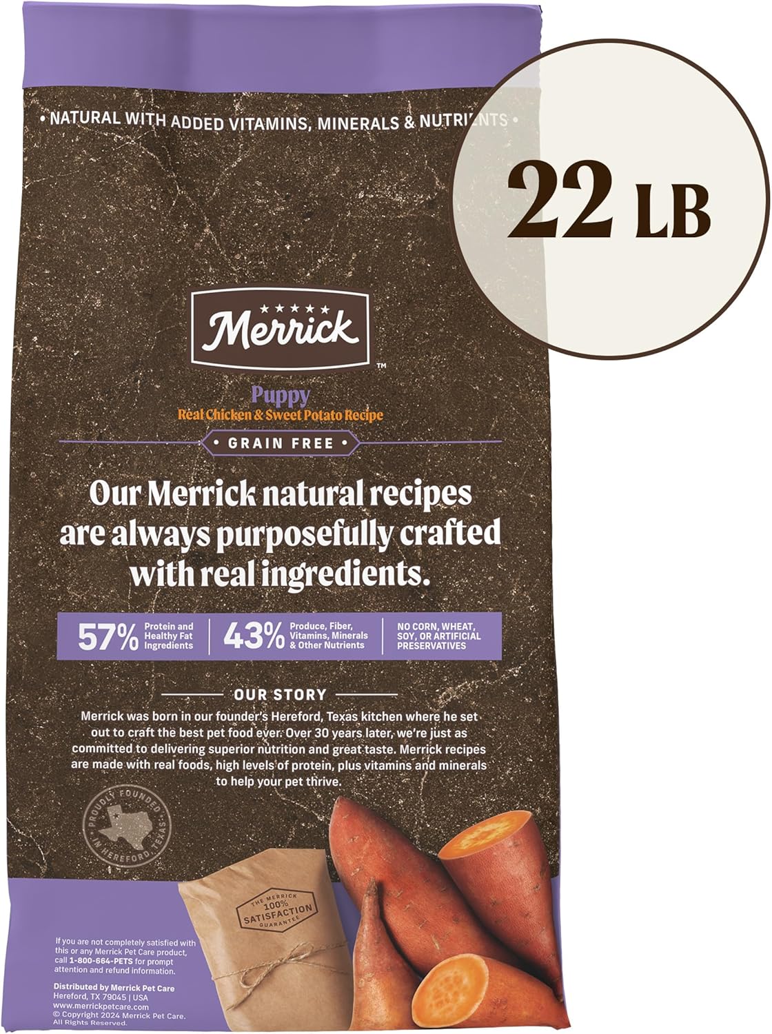 Nourriture sèche Merrick Premium sans céréales pour chiots, croquettes saines et naturelles à base de vrai poulet et de patates douces, sac de 22 livres