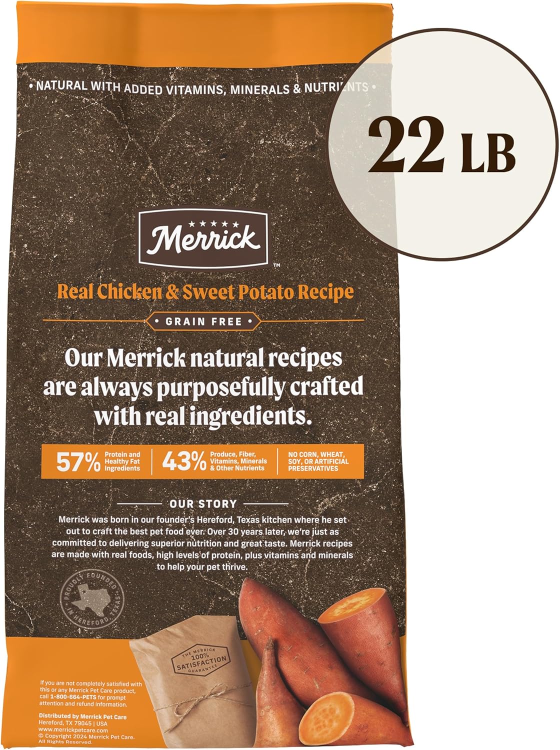 Merrick Premium graanvrij droog hondenvoer voor volwassenen, gezonde en natuurlijke brokjes met echte kip en zoete aardappel, zak van 22,0 pond