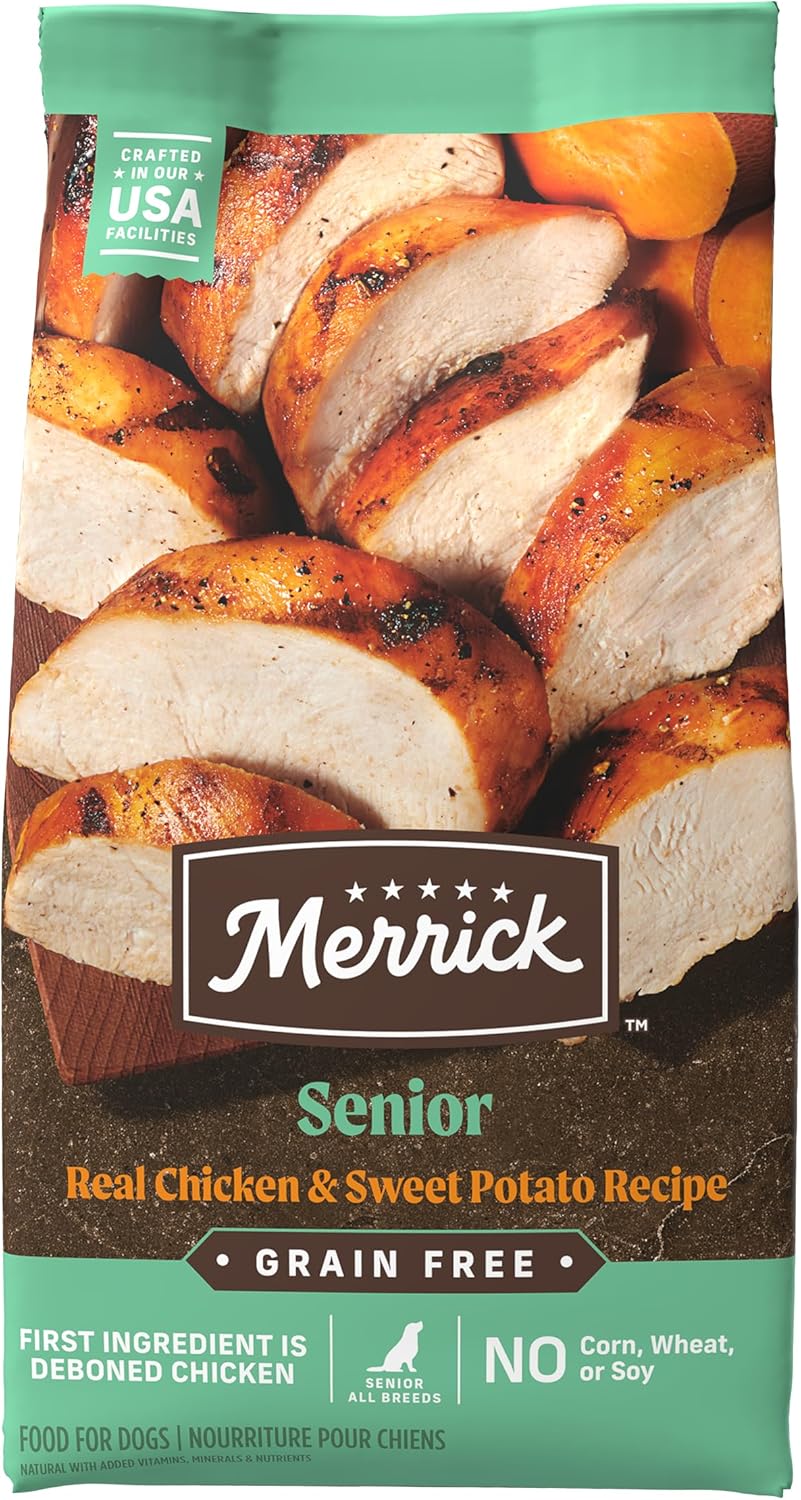 Alimento seco Merrick Premium para perros mayores, sin cereales, croquetas sanas y naturales, pollo y batata auténticos, bolsa de 22 libras