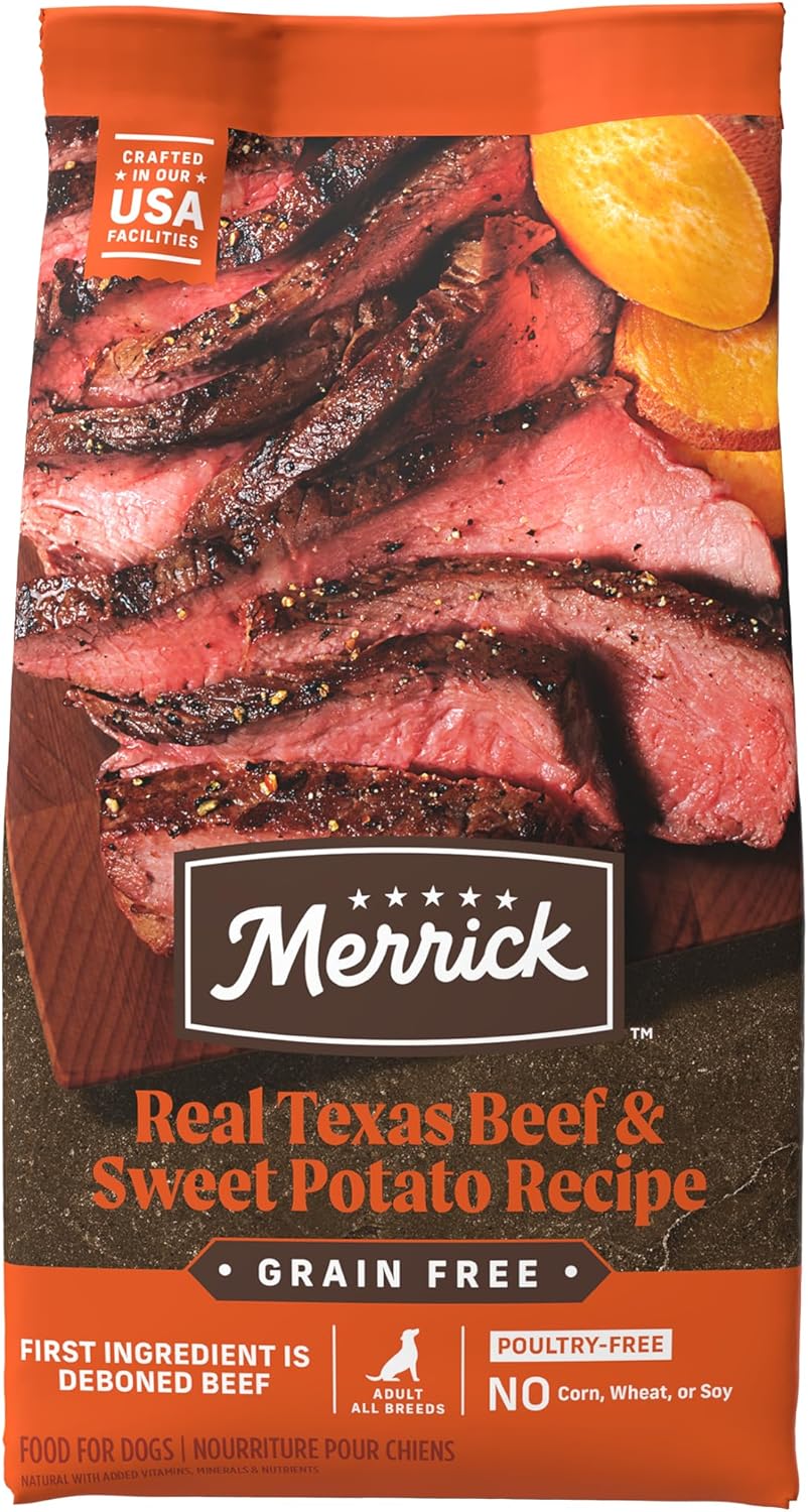 Alimento seco Merrick Premium sin cereales para perros adultos, croquetas sanas y naturales, auténtica carne de res y batata de Texas, bolsa de 10 libras