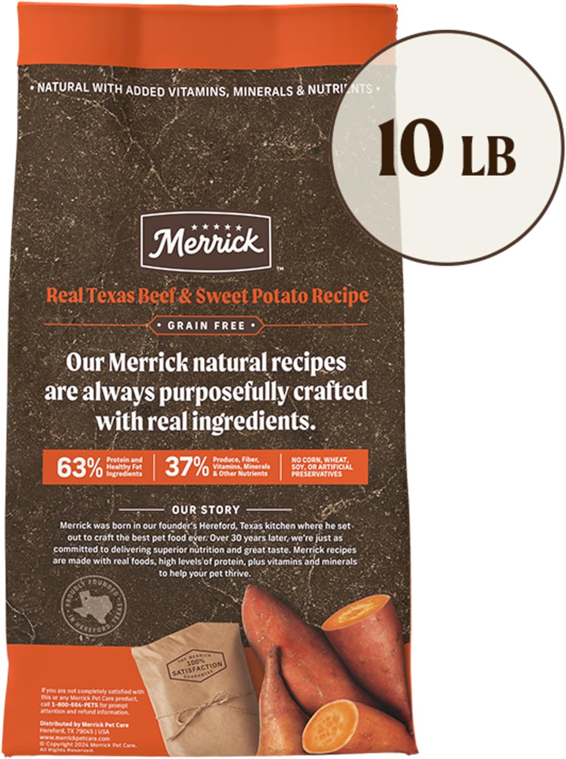 Alimento seco Merrick Premium sin cereales para perros adultos, croquetas sanas y naturales, auténtica carne de res y batata de Texas, bolsa de 10 libras