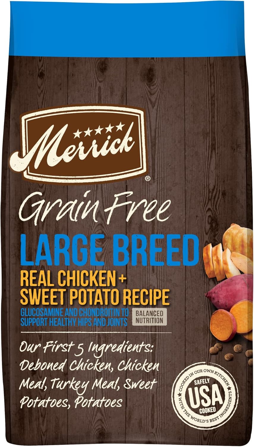 Alimento seco Merrick para perros de raza grande de primera calidad, sin cereales, croquetas sanas y naturales, pollo y batata, bolsa de 22 libras