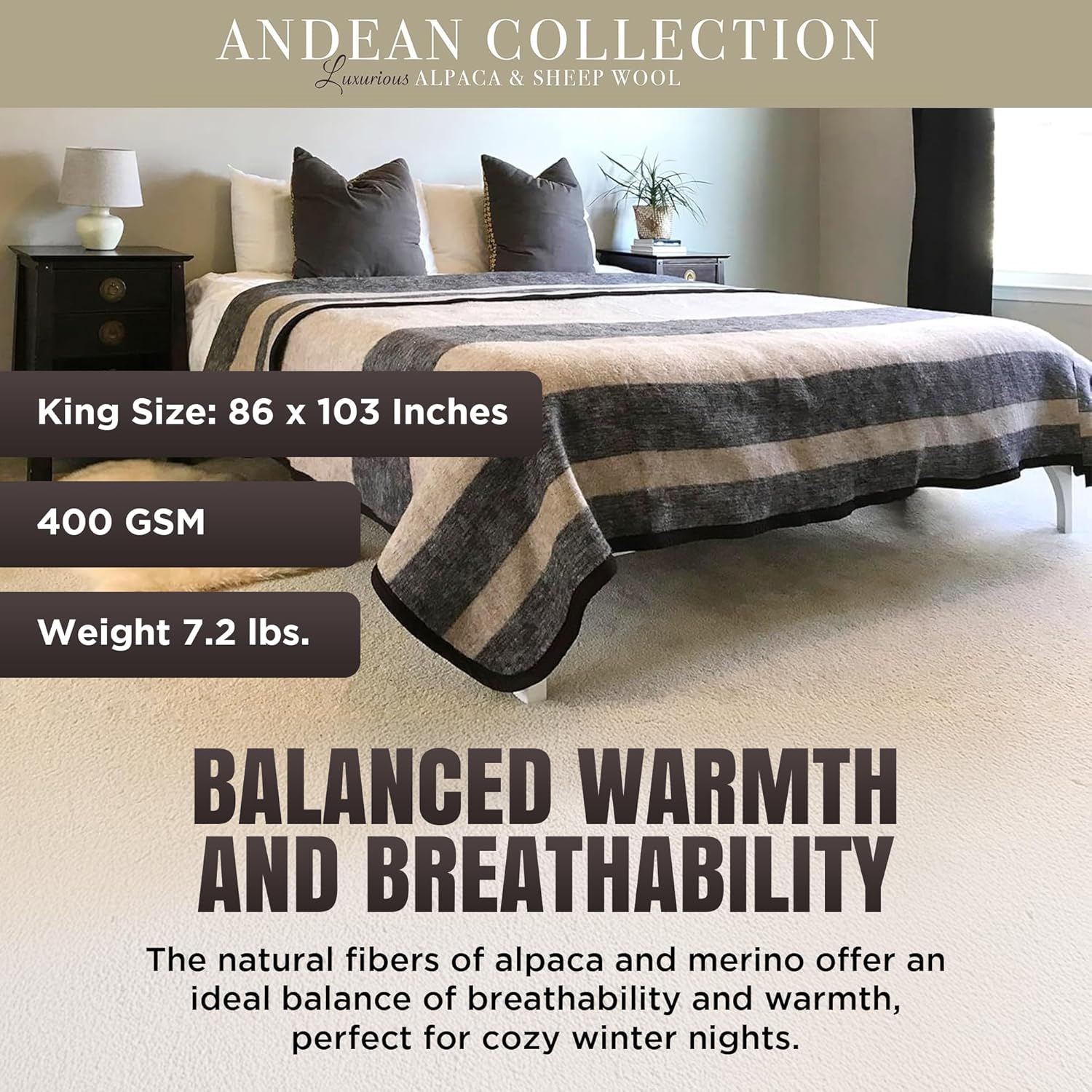 Desert Breeze Distributing 100% Natural Alpaca and Merino Wool Blanket, Andean Collection Rustic Woven, Warm and Thick Wool Blanket King Size, Made in Peru · v2