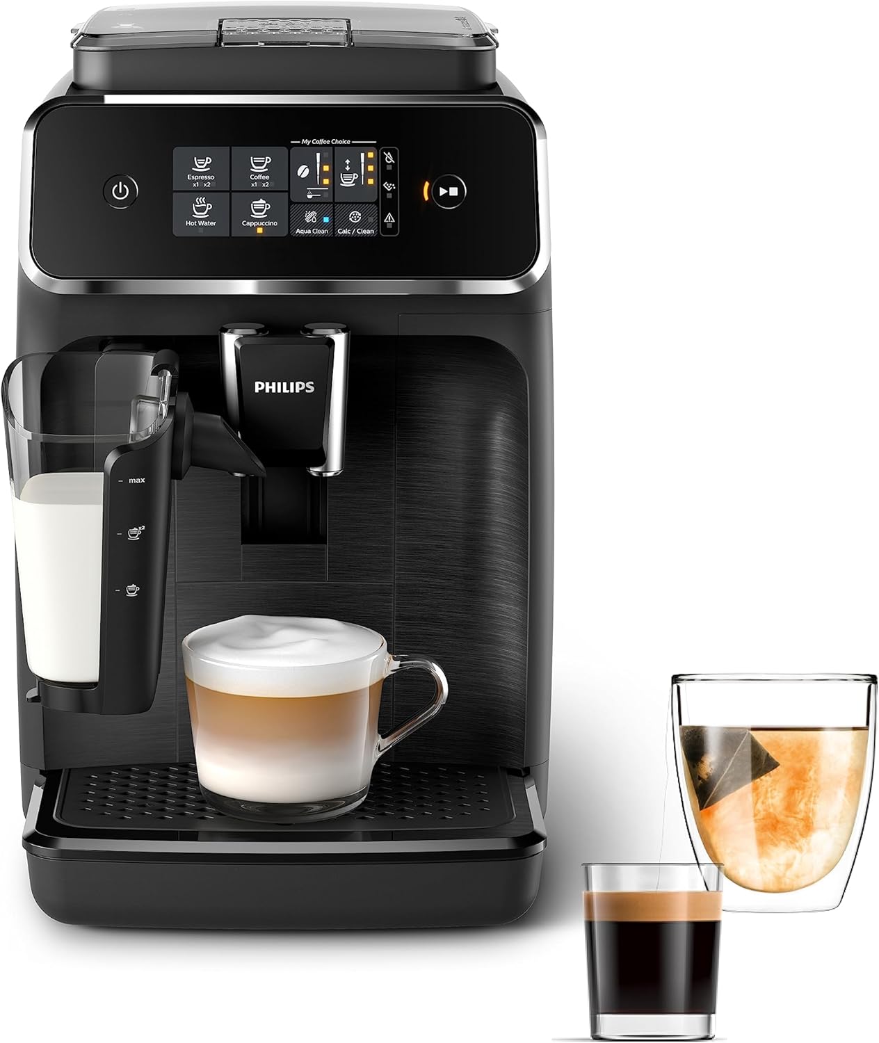 Cafetera espresso Philips serie 2200, espumador de leche LatteGo, 3 variedades de café, pantalla táctil intuitiva, molinillo 100% cerámica, filtro AquaClean, sello aromático, negro (EP2230/14)