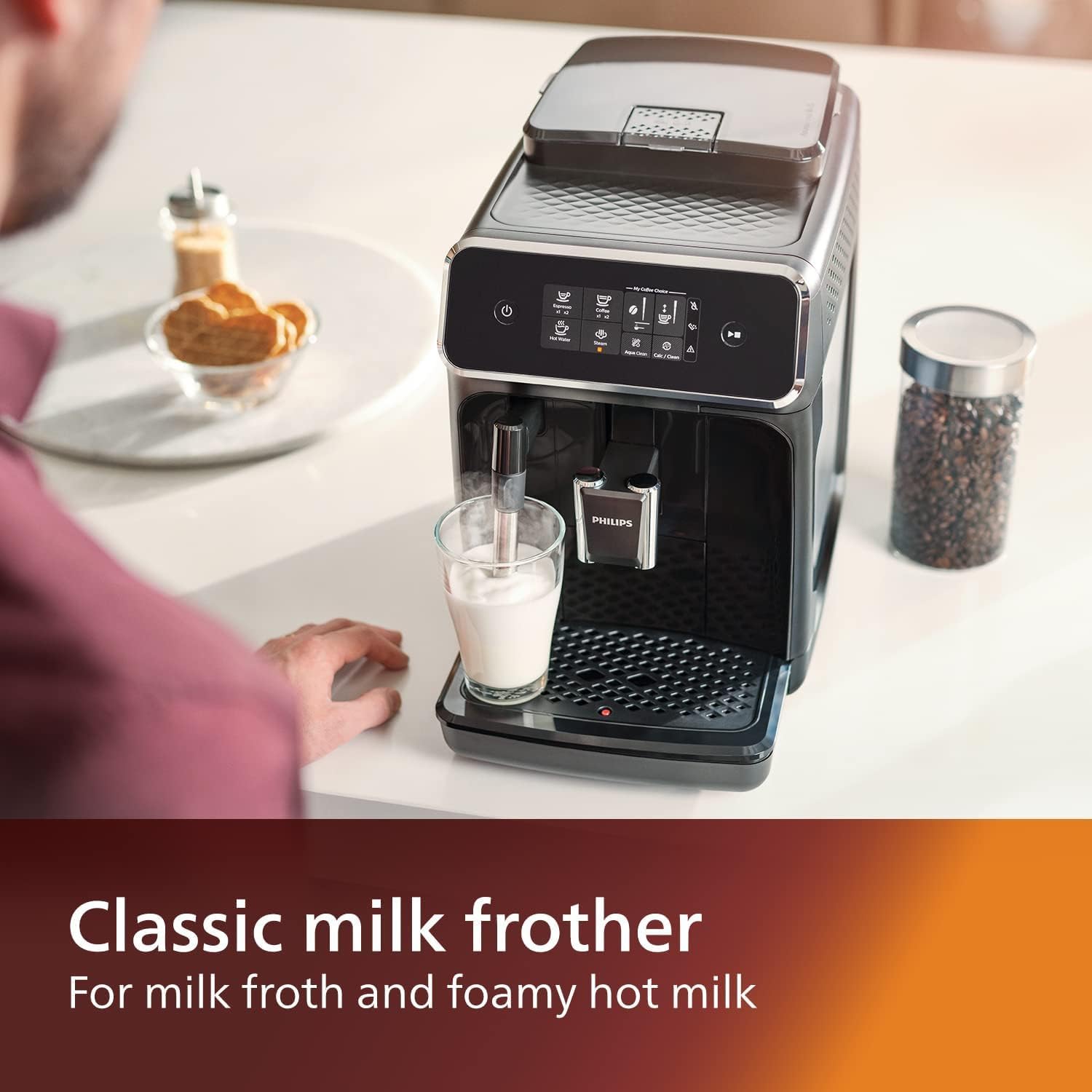 Cafetera espresso Philips serie 2200, espumador de leche LatteGo, 3 variedades de café, pantalla táctil intuitiva, molinillo 100% cerámica, filtro AquaClean, sello aromático, negro (EP2230/14)