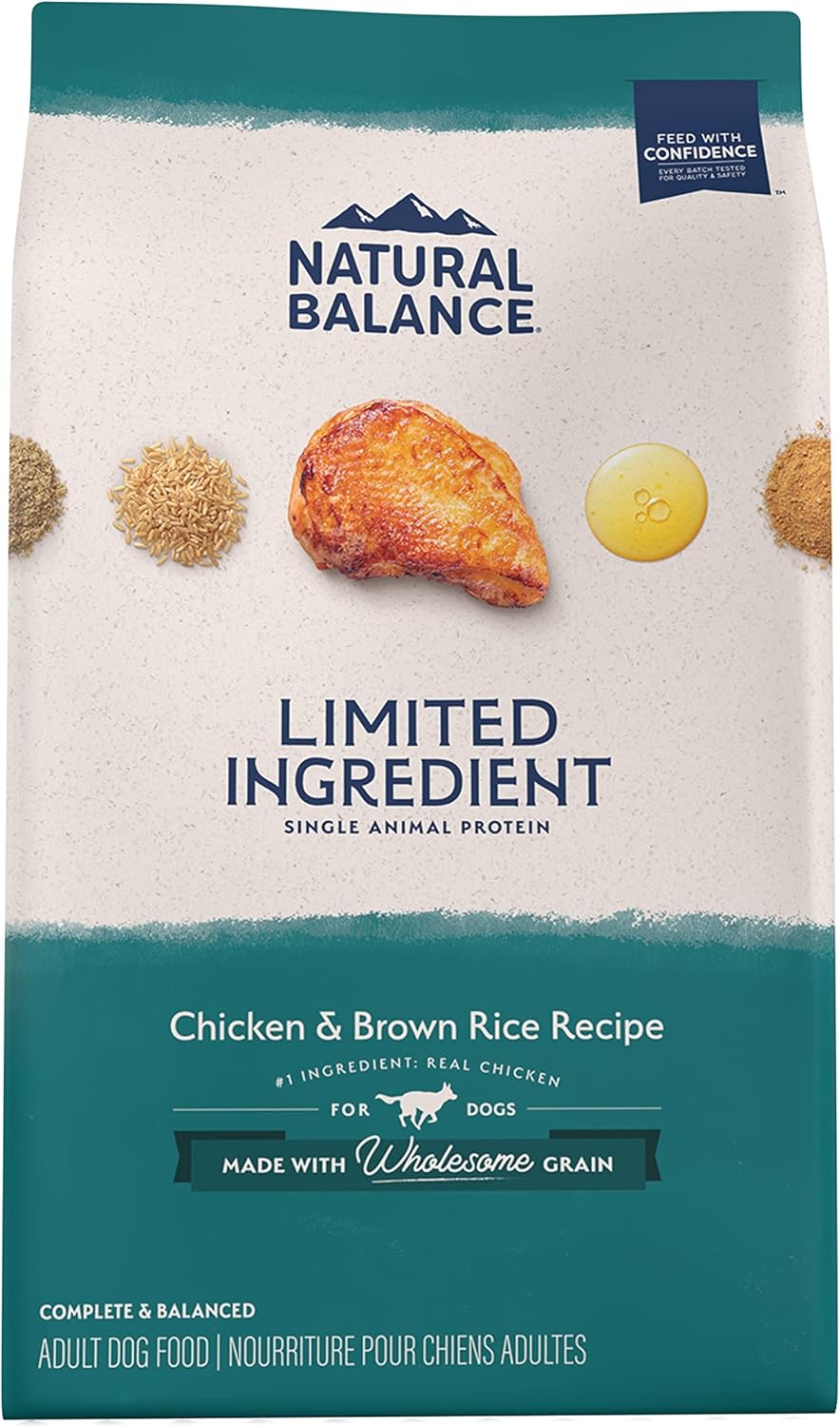 Nourriture sèche pour chiens Natural Balance pour adultes à ingrédients limités et à base de céréales saines, recette de riz brun au poulet, 12 livres (lot de 1)