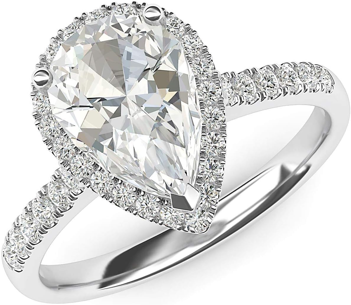 10k White Gold Simulated Pear-Shaped Diamond Halo Engagement Ring with Side Stones Promise Bridal Ring · v2