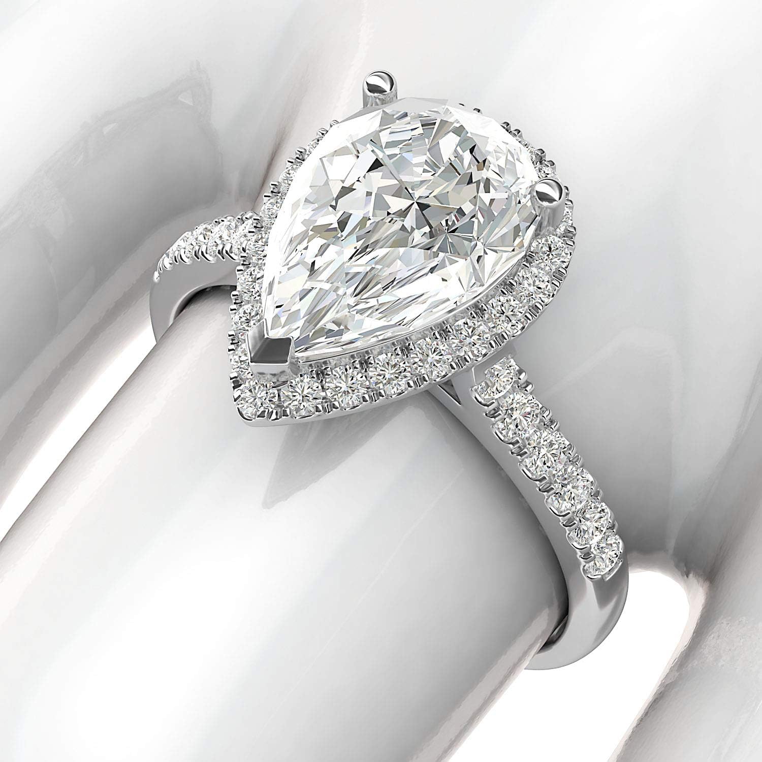 10k White Gold Simulated Pear-Shaped Diamond Halo Engagement Ring with Side Stones Promise Bridal Ring · v2