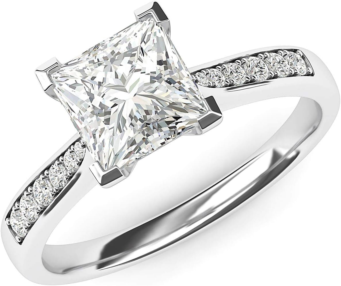 10k White Gold Solitaire 1.5ct Simulated Princess Cut Diamond or Moissanite Engagement Ring Side Stones Promise Bridal Ring · v4