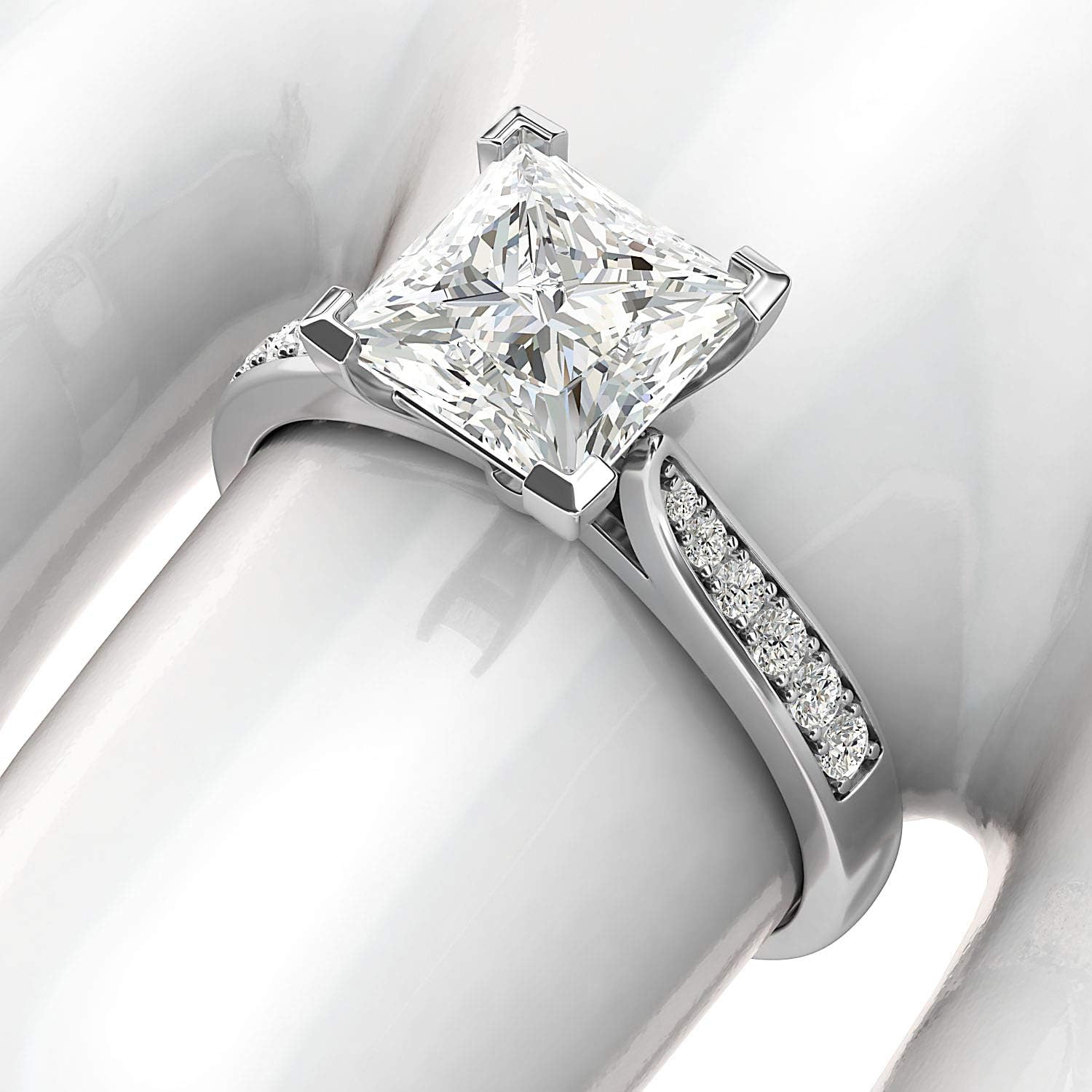 10k White Gold Solitaire 1.5ct Simulated Princess Cut Diamond or Moissanite Engagement Ring Side Stones Promise Bridal Ring · v4