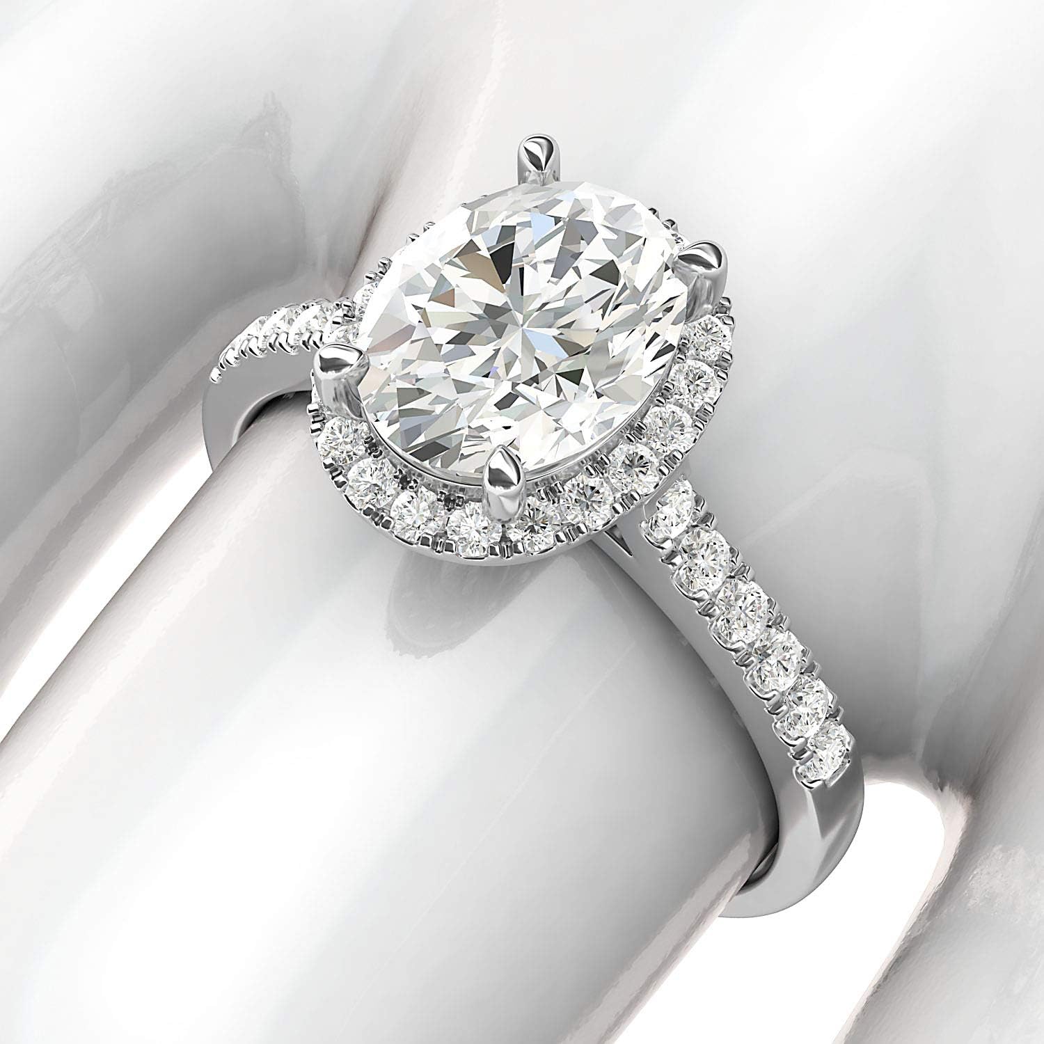 แหวนหมั้นเจ้าสาวทองคำขาว 10k ประดับเพชรจำลองทรงวงรีหรือโมอิซาไนต์ Halo Promise