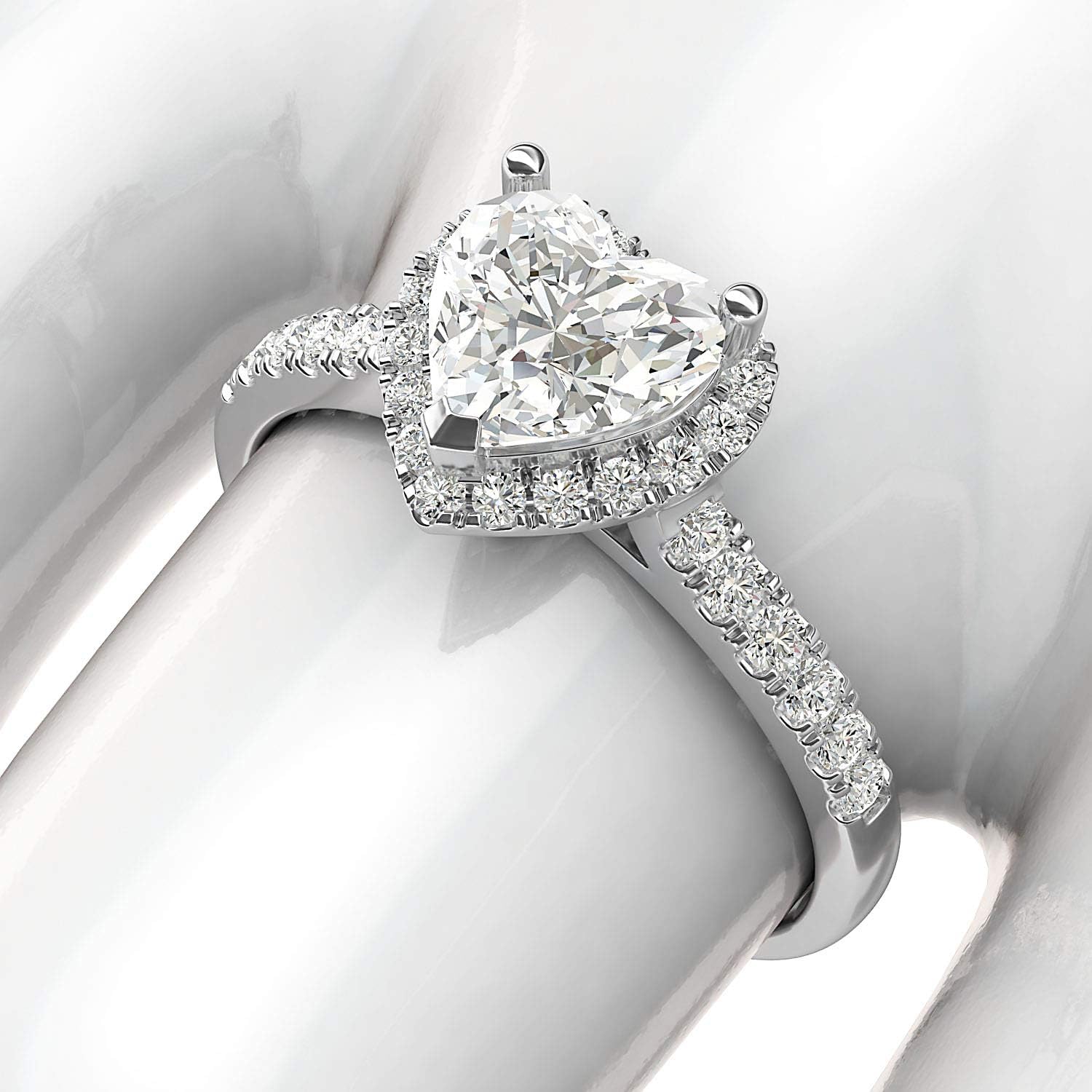 10k White Gold Simulated Heart-shaped Diamond Halo Engagement Ring with Side Stones Promise Bridal Ring · v2