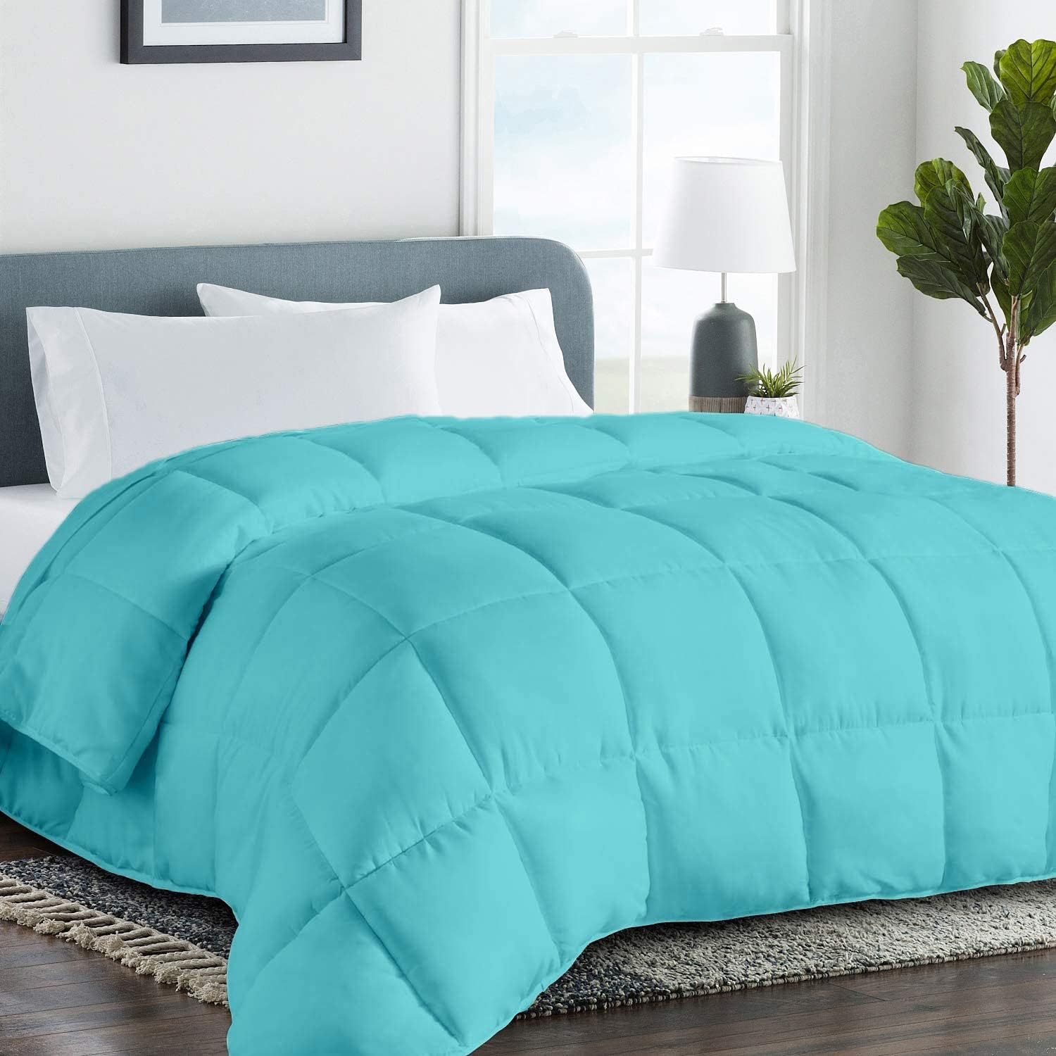 Comforter Duvet Insert - 3pc Down Alternative Bedding Comforter Set - All Season Quilted Duvet Insert with 8 Corner Tabs, Soft, Breathable (Queen/Full XL Size 88x92") - Aqua Solid