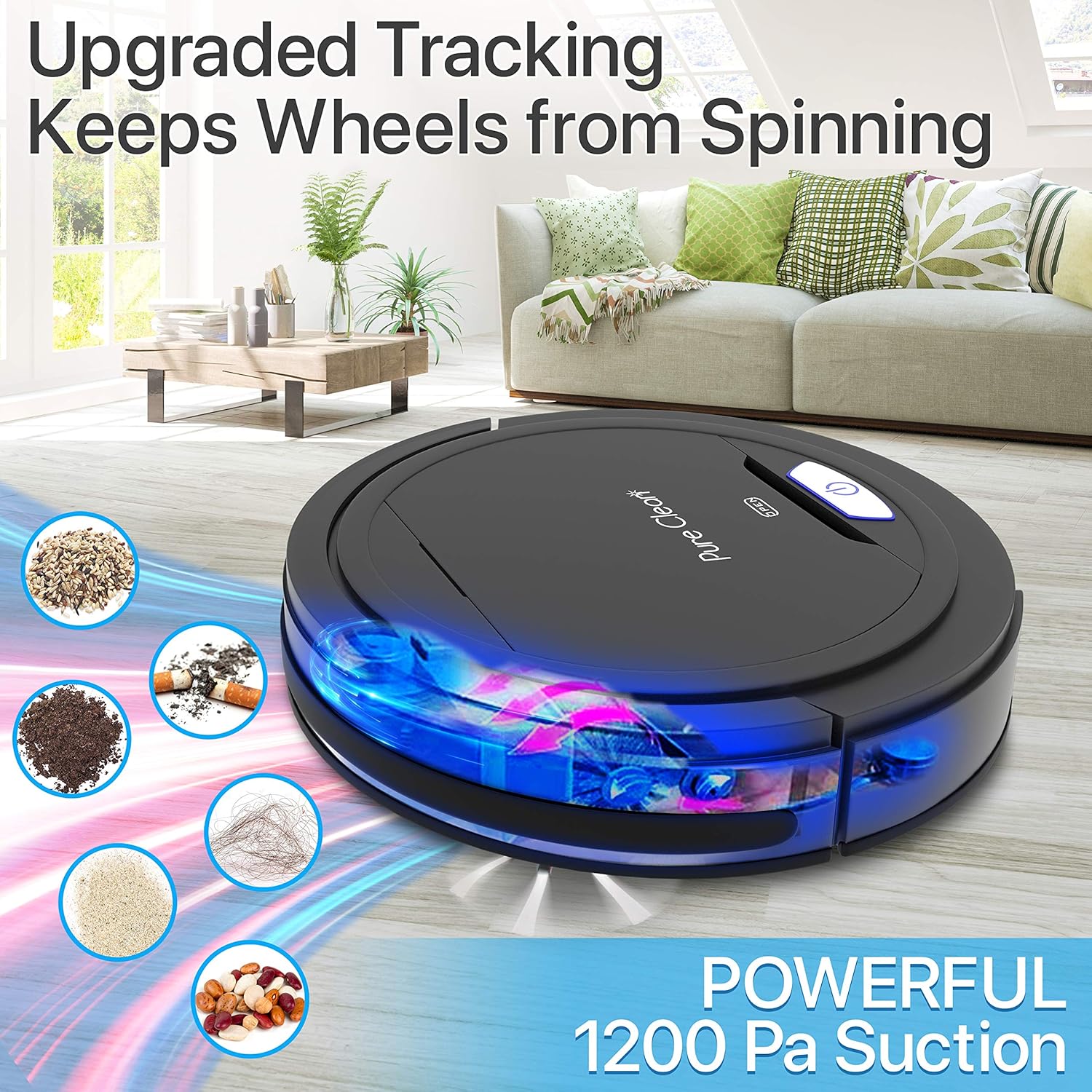 PURE CLEAN PUCRC26B.9 Automatic Robot Vacuum Cleaner-Robotic Auto Home Cleaning for Clean Carpet Hardwood Floor-Bot Self Detects Stairs-Air Filter Pet Hair Allergies Friendly- · v6