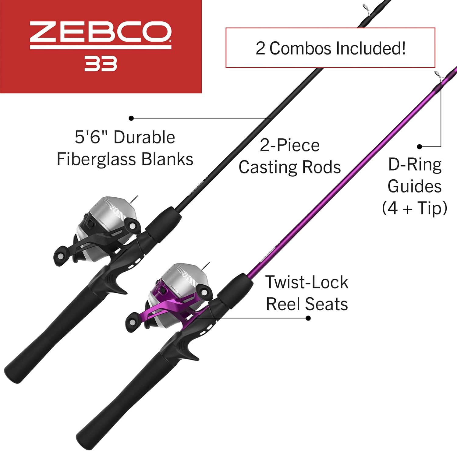 Zebco 33 Spincast Reel and 2-Piece Fishing Rod Combo, 5-Foot 6-Inch Durable Fiberglass Rod, Quickset Anti-Reverse Fishing Reel with Bite Alert · v2