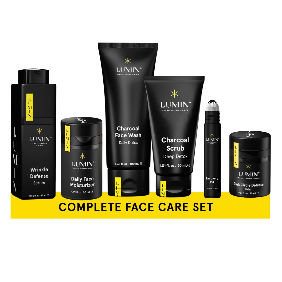 Lumin - Complete Set Mens skincare Routine includes: Charcoal Face Wash, Charcoal Scrub, Face Moisturizer, Wrinkle Serum, Recovery Oil  Dark Circle Defense Balm · v4