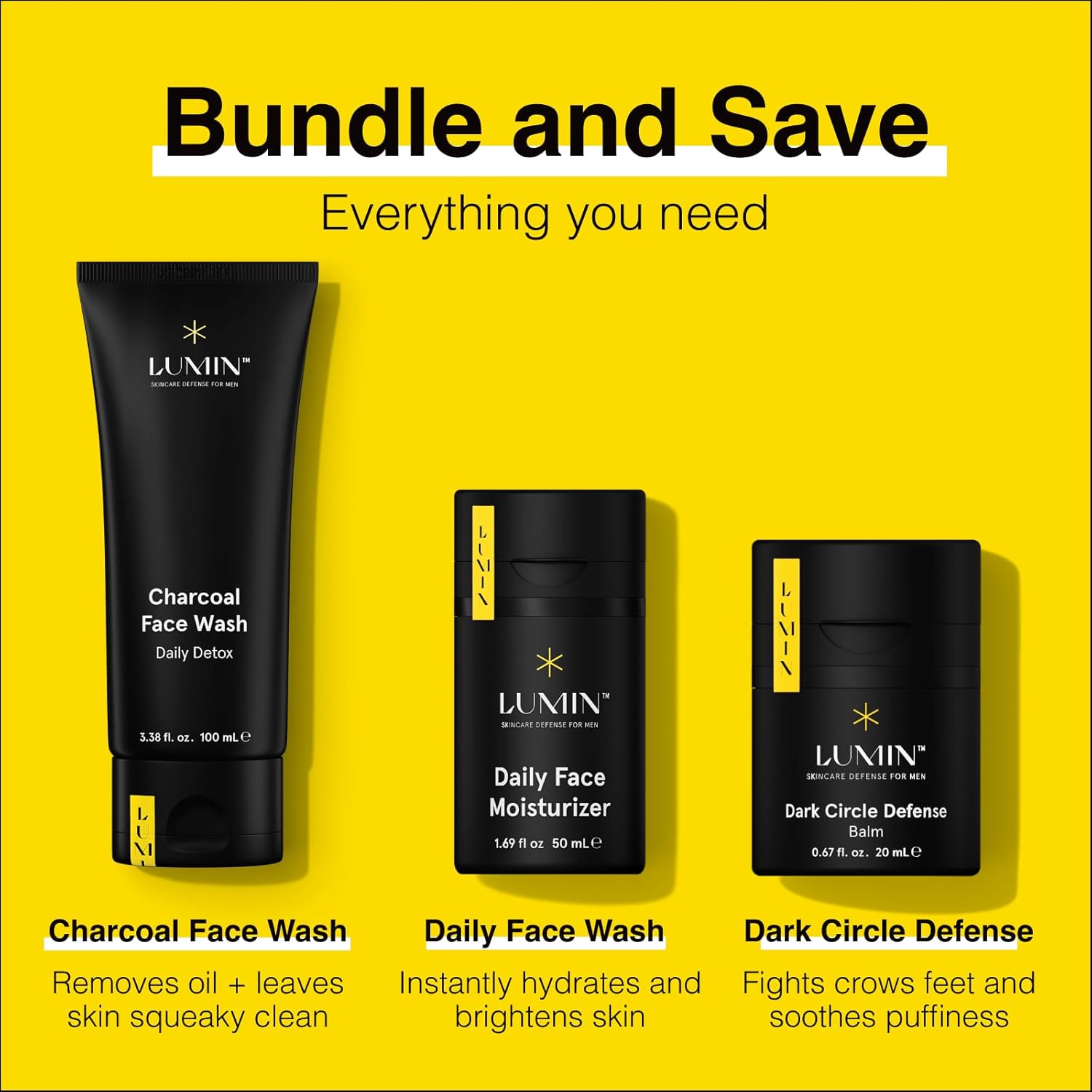 Lumin - Complete Set Mens skincare Routine includes: Charcoal Face Wash, Charcoal Scrub, Face Moisturizer, Wrinkle Serum, Recovery Oil  Dark Circle Defense Balm · v4