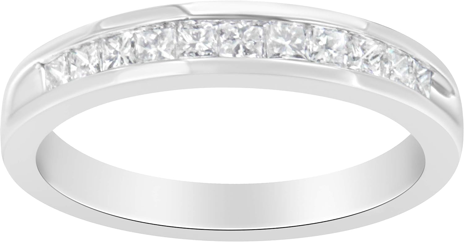 Anello a fede nuziale in stile Half Eternity con diamante taglio Princess certificato IGI da 1/2 Cttw in oro bianco 18 carati (colore H-I, purezza SI2-I1)