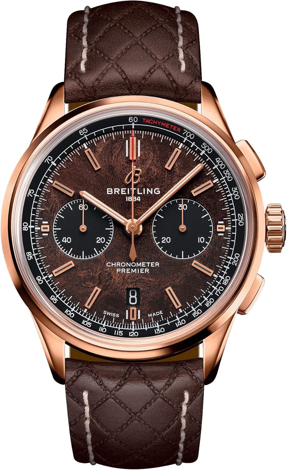 Breitling Premier B01 Kronograf 42mm Bentley Centenary Sınırlı Üretim Benzersiz Kahverengi Burl Karaağaç Kadran Katı Pembe Altın Saat RB01181A1Q1X1