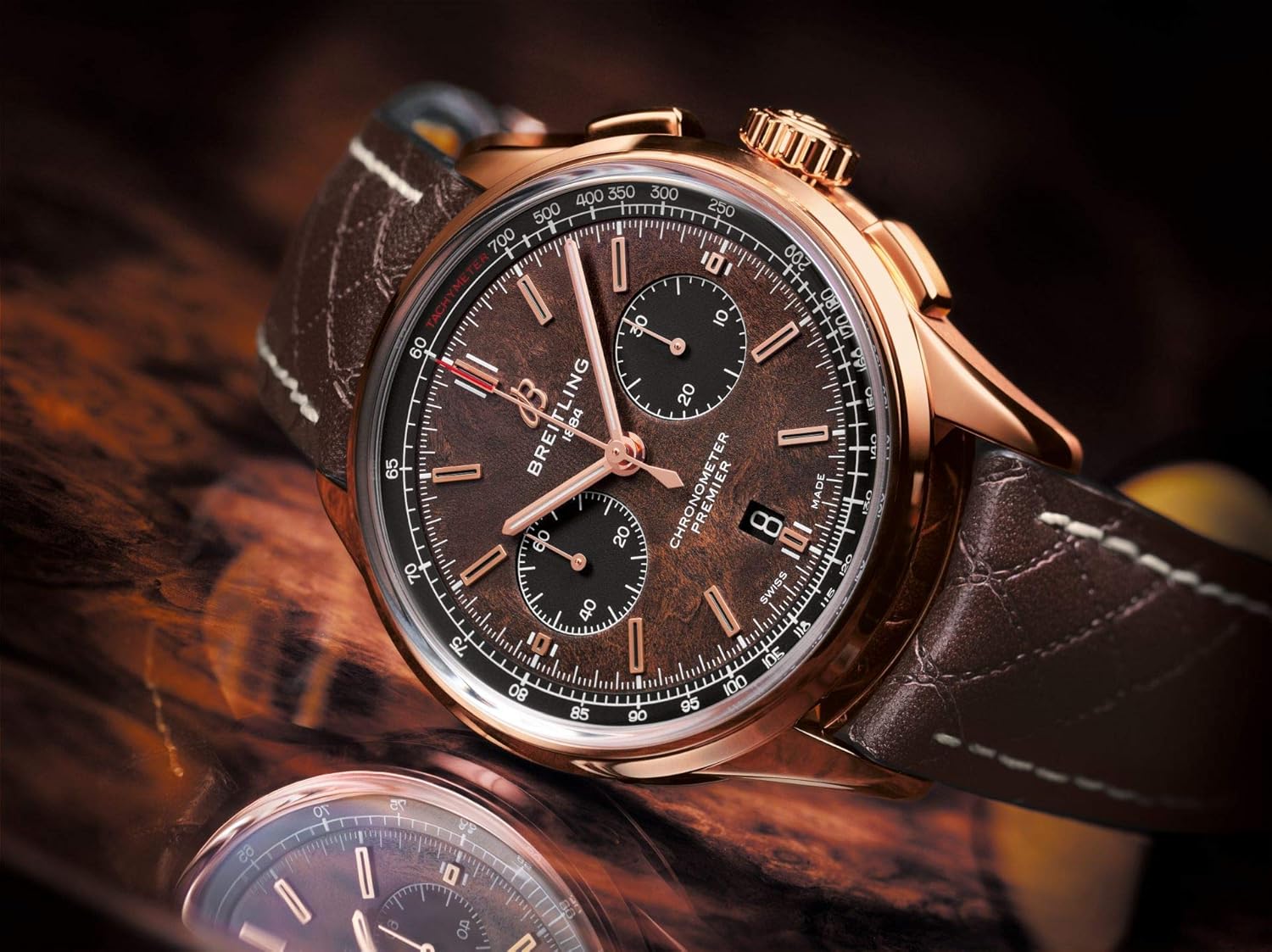 Breitling Premier B01 Kronograf 42mm Bentley Centenary Sınırlı Üretim Benzersiz Kahverengi Burl Karaağaç Kadran Katı Pembe Altın Saat RB01181A1Q1X1