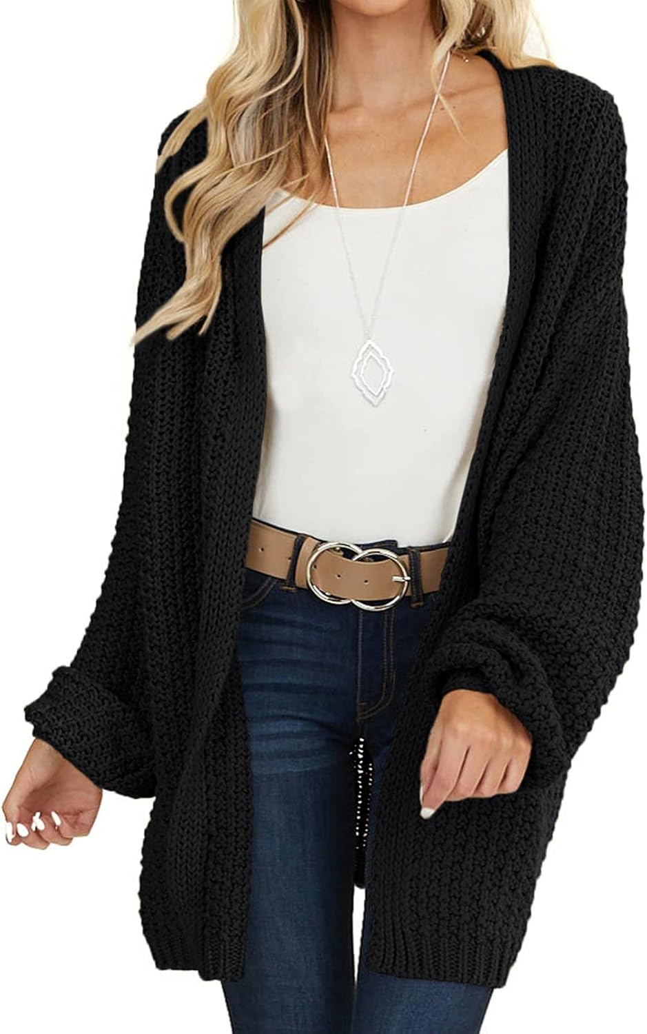 MEROKEETY Womens 2024 Fall Open Front Chunky Knit Sweater Oversized Lantern Sleeve Cardigan Outwear · v3