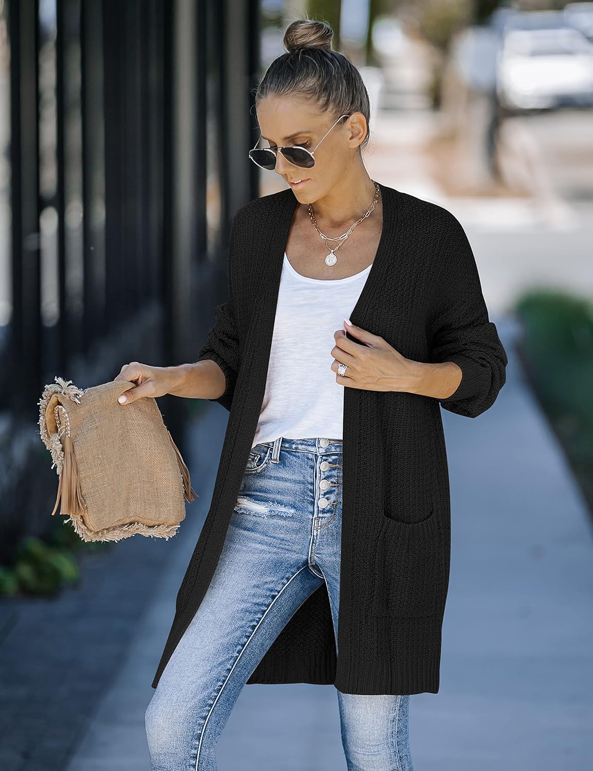 MEROKEETY Womens 2024 Fall Open Front Chunky Knit Sweater Oversized Lantern Sleeve Cardigan Outwear · v3