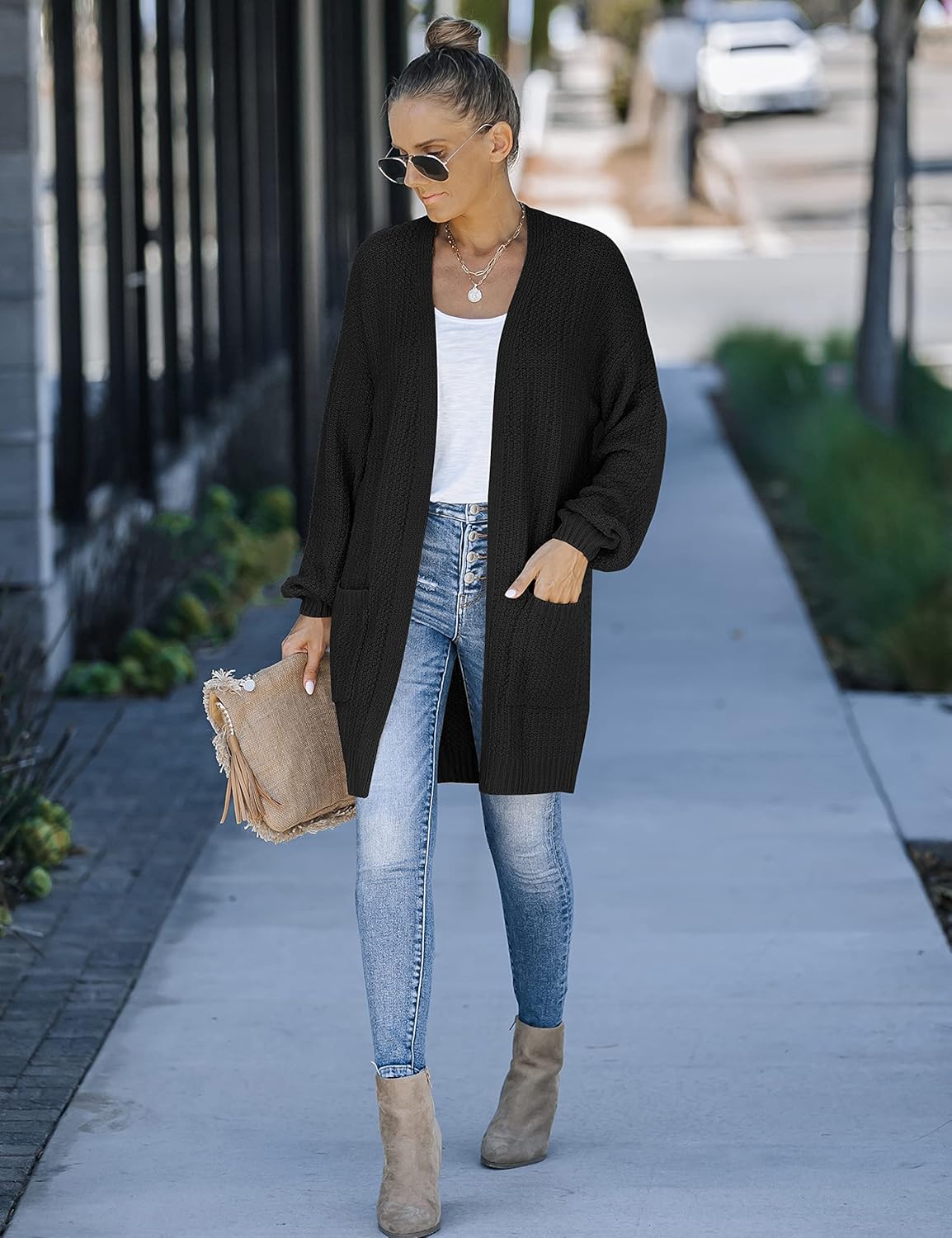 MEROKEETY Womens 2024 Fall Open Front Chunky Knit Sweater Oversized Lantern Sleeve Cardigan Outwear · v3