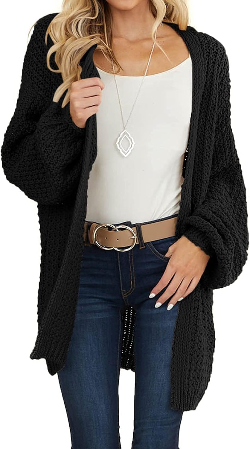 MEROKEETY Womens 2024 Fall Open Front Chunky Knit Sweater Oversized Lantern Sleeve Cardigan Outwear · v3