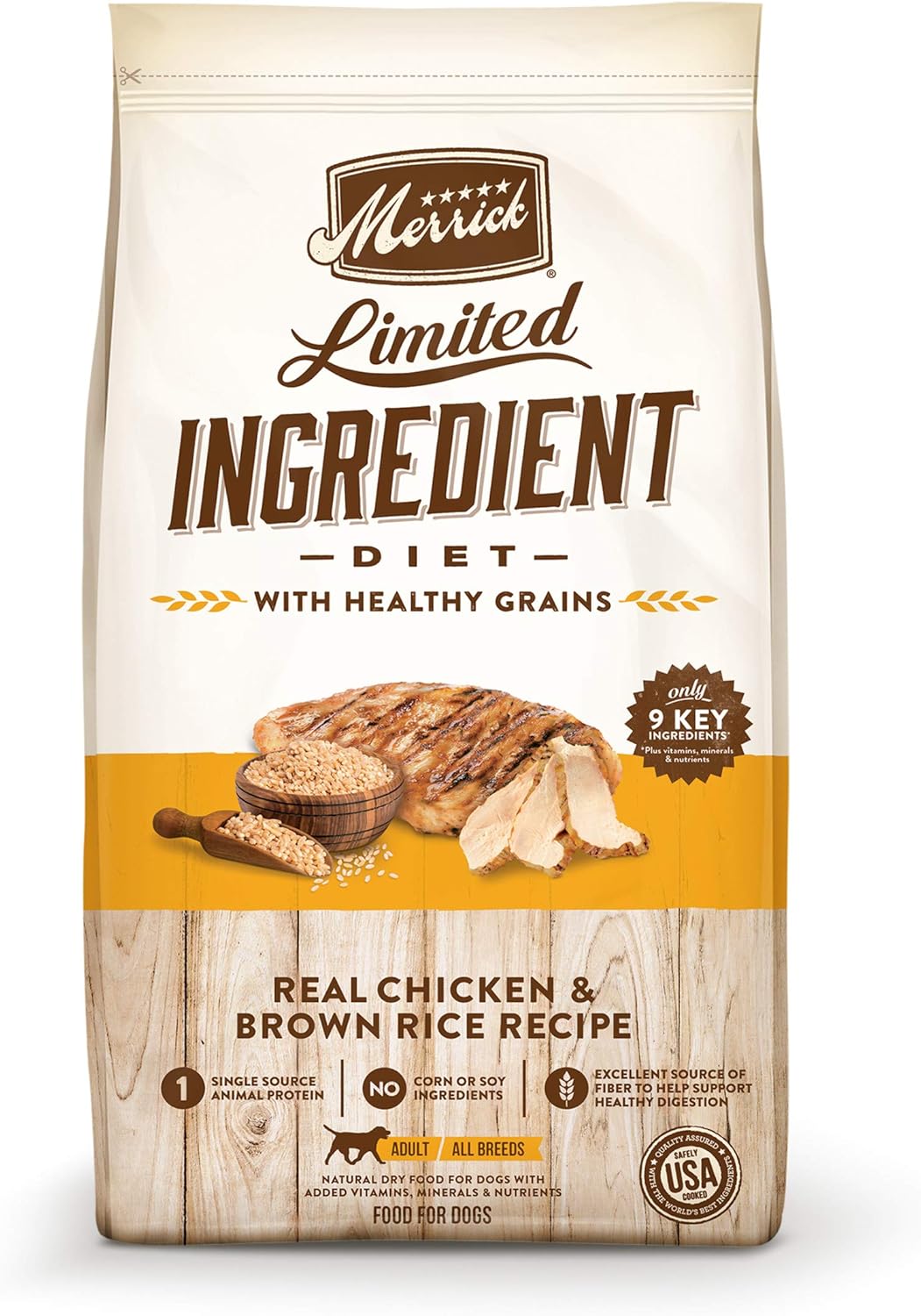 طعام الكلاب الجاف Merrick Limited Ingredient Diet وصفة الأرز البني بالدجاج الحقيقي مع الحبوب الصحية - كيس 22 رطلاً