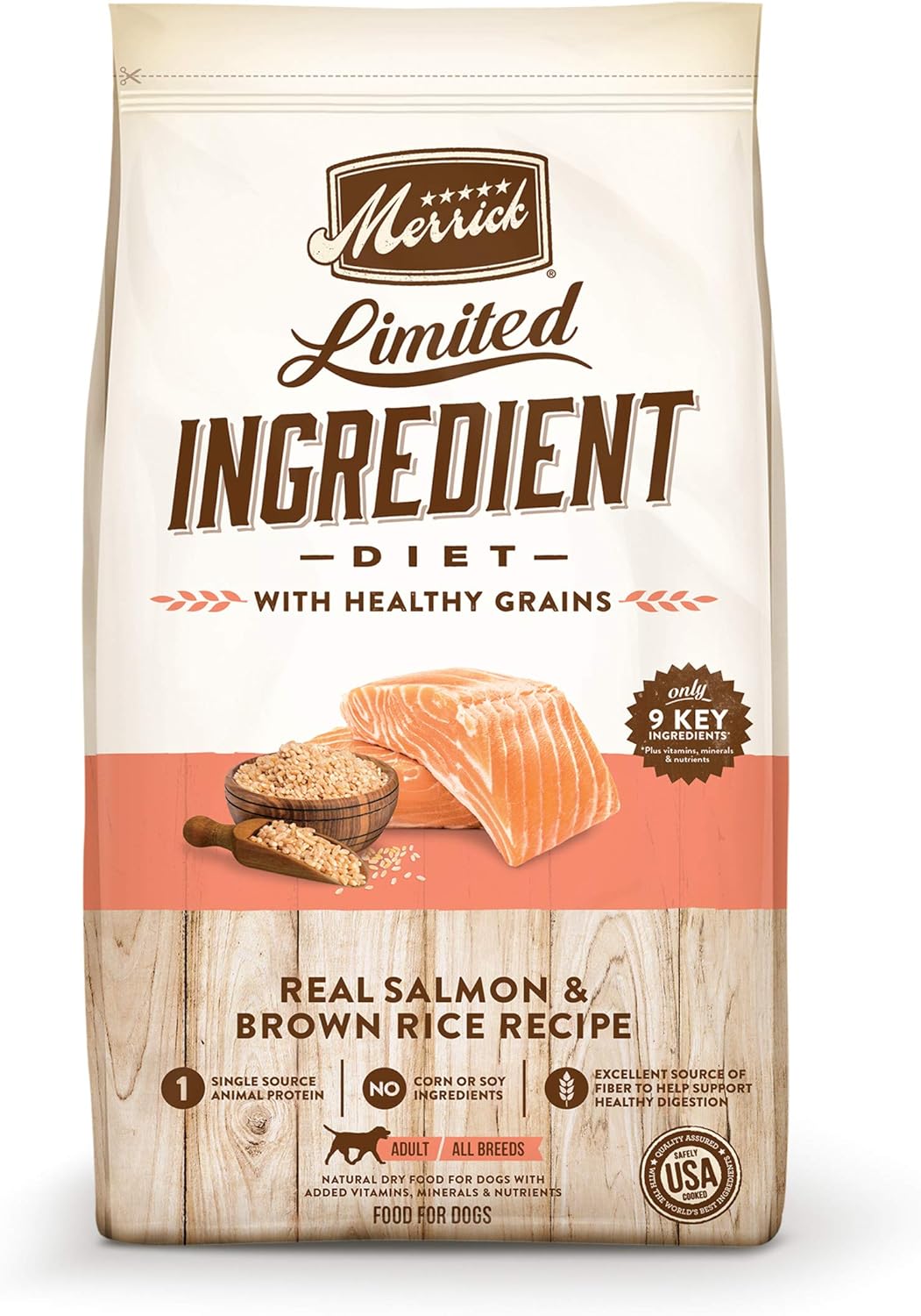 Comida para perros Merrick Limited Ingredient Diet de primera calidad y natural con cereales saludables, salmón y arroz integral, bolsa de 22 libras