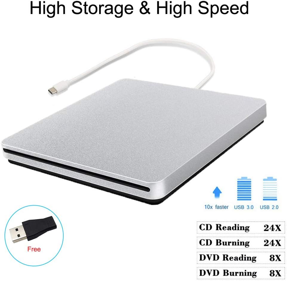 External CD DVD Drive USB C CD DVD Burner/Writer Slim Portable Slot in CD DVD Reader for MacBook Pro/Air/Mac/Laptop/Windows10 (Sliver) · v3