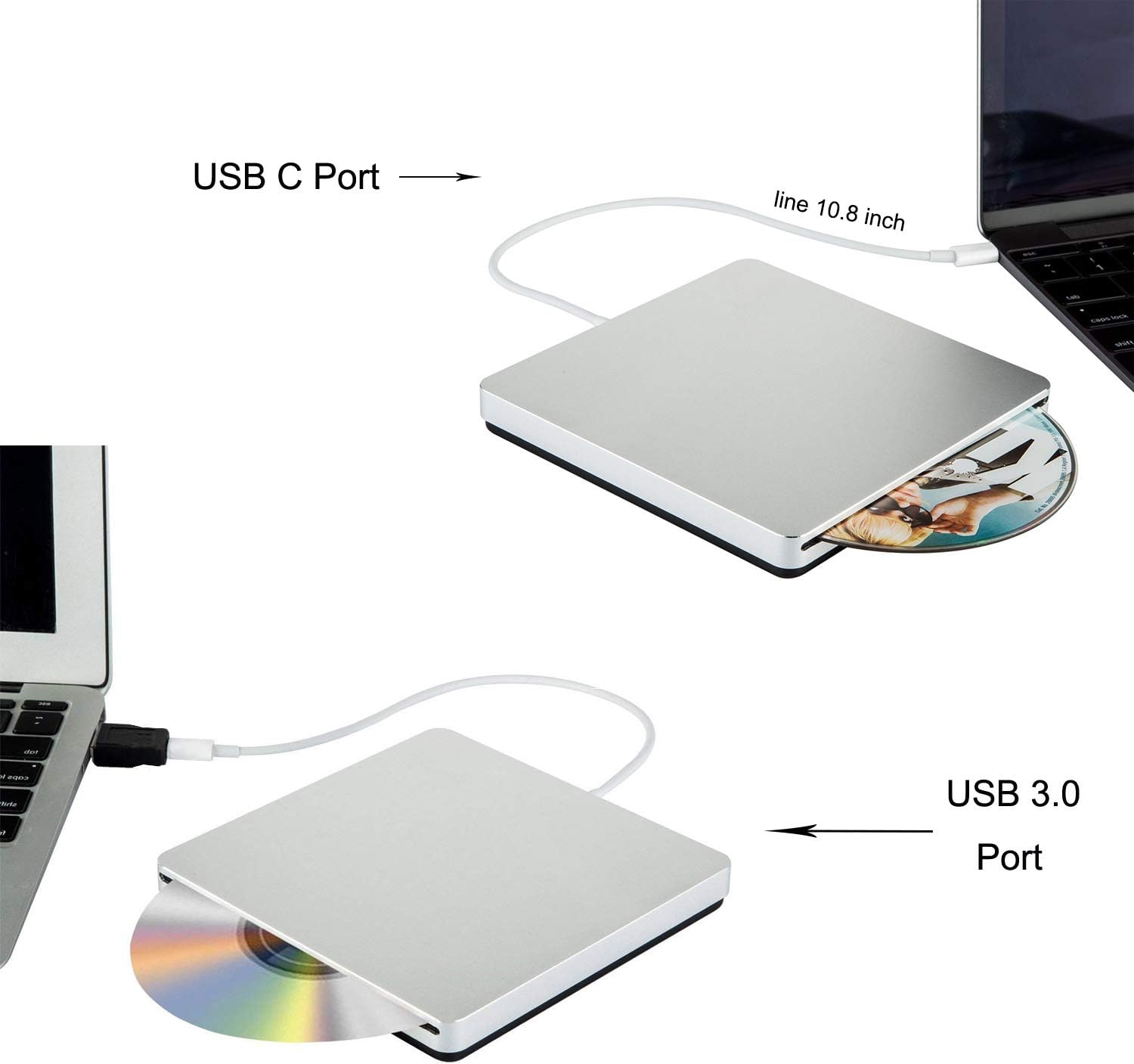 External CD DVD Drive USB C CD DVD Burner/Writer Slim Portable Slot in CD DVD Reader for MacBook Pro/Air/Mac/Laptop/Windows10 (Sliver) · v3