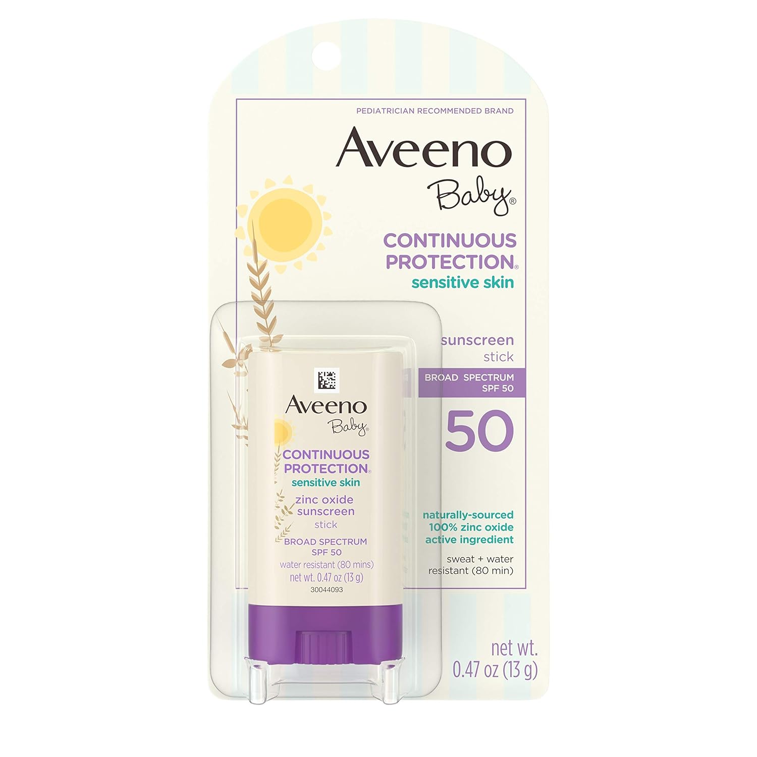 Aveeno Baby Continuous Protection Mineral Sunscreen Stick for Sensitive Skin with Broad Spectrum SPF 50 Protection for Face  Body, Naturally Sourced 100% Zinc Oxide, Travel Size, 0.47 oz