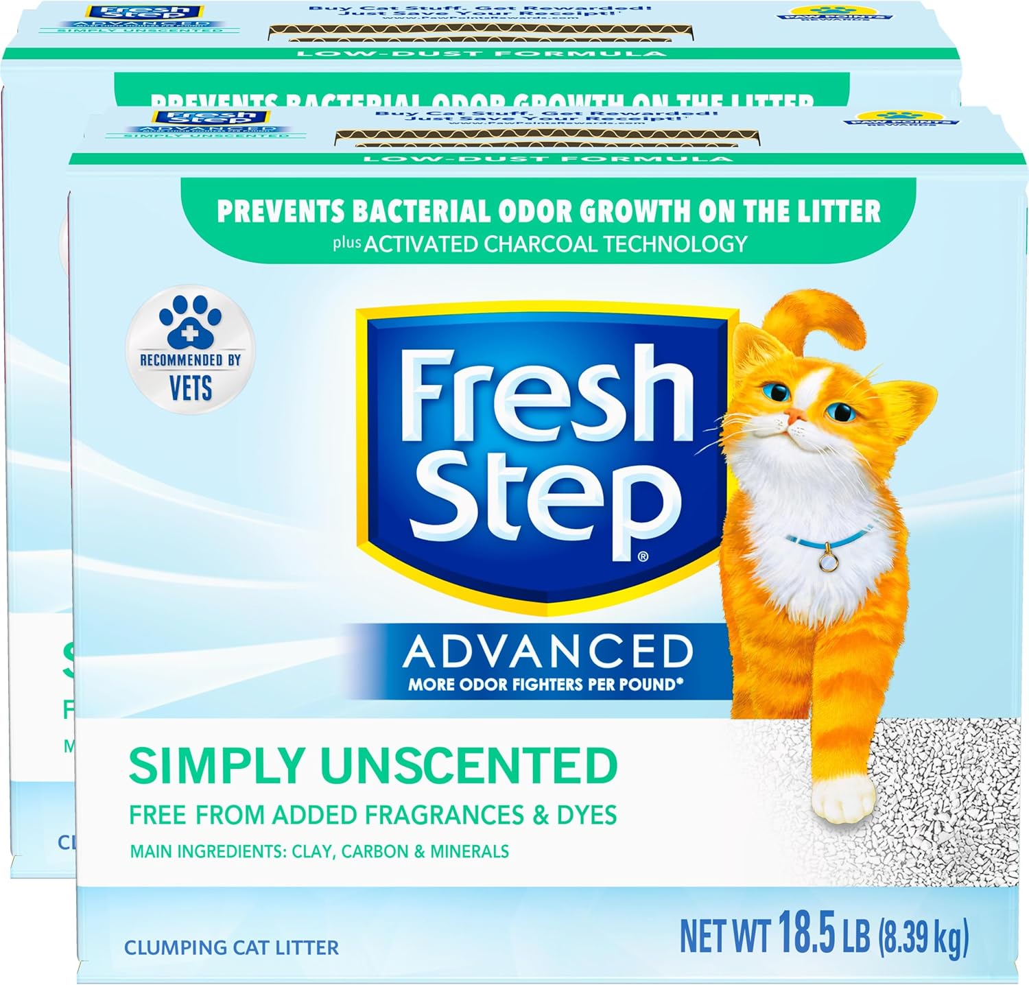 Litière non parfumée pour chats Fresh Step Advanced, paquet de 2 (37,58 lb/17,04 kg, très grande, peu poussiéreuse, agglomérante, charbon actif)