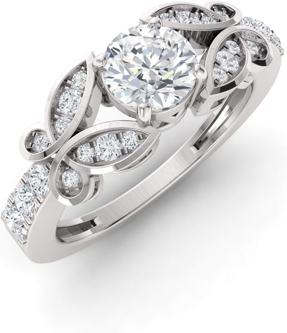 Diamondere Doğal ve Sertifikalı Moissanite ve Pırlanta Nişan Yüzüğü 18 Ayar Beyaz Altın | Kadınlar için 0.78 Karat Vintage Yüzük, ABD Boyutu 9
