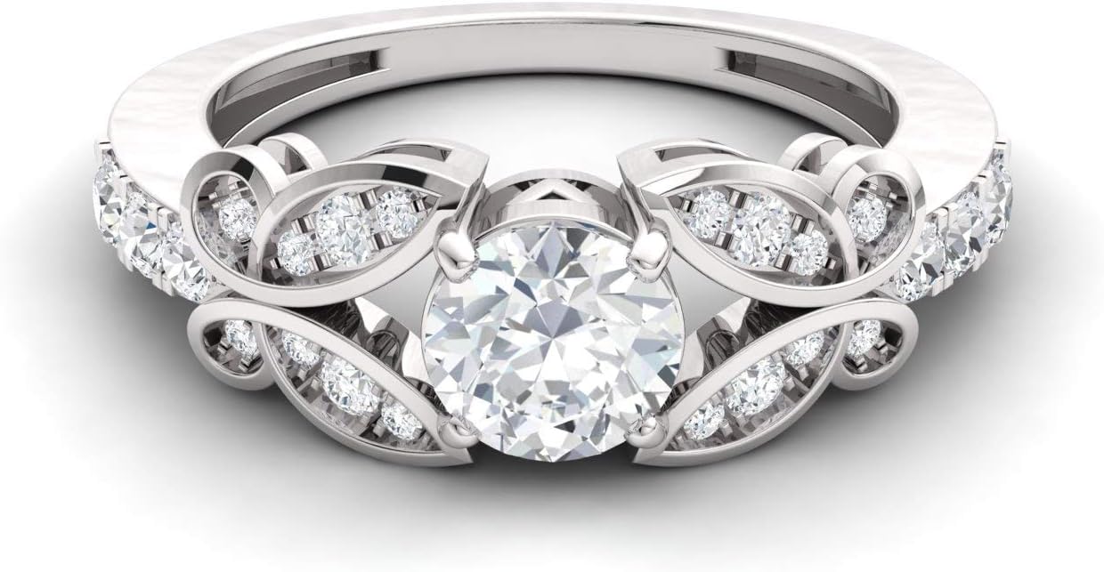 Diamondere Doğal ve Sertifikalı Moissanite ve Pırlanta Nişan Yüzüğü 18 Ayar Beyaz Altın | Kadınlar için 0.78 Karat Vintage Yüzük, ABD Boyutu 9