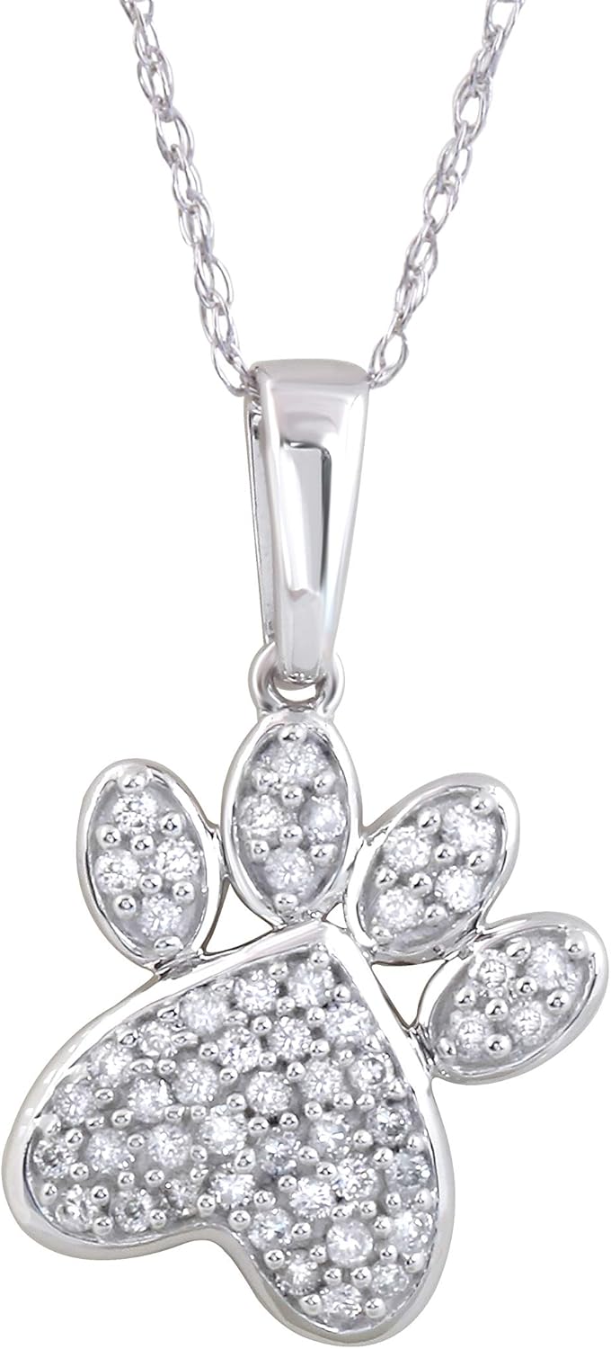 DZON 10K Gold 1/5Ct TDW Diamond Dog Puppy Kitten Cat Paw Print Pendant Necklace, Dog jewelry for Women Girls (I-J, I2) · v2