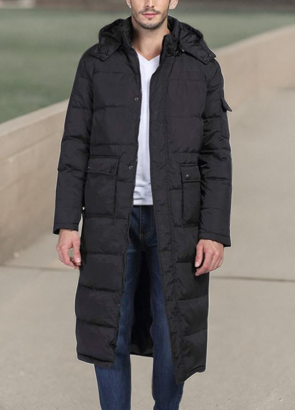 chouyatou Mens Classic Windproof Removable Hooded Long Winter Puffer Down Coat · v3