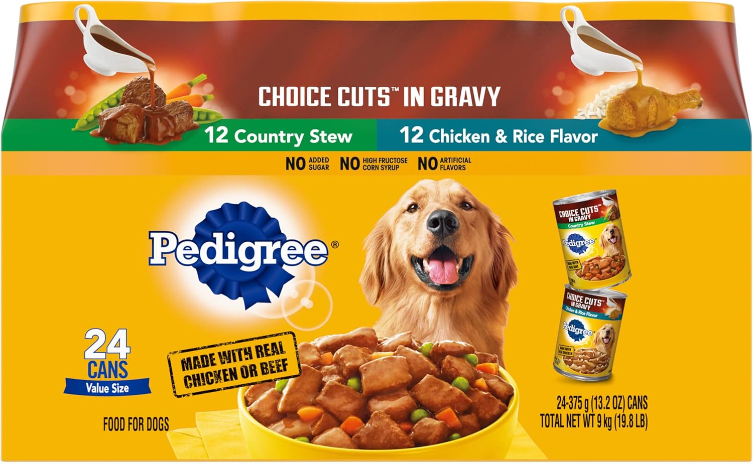 PEDIGREE CHOICE CUTS IN GRAVY Adult Canned Soft Wet Dog Food Variety Pack, Country Stew and Chicken  Rice Flavor, 13.2 oz. Cans (Pack of 24)
