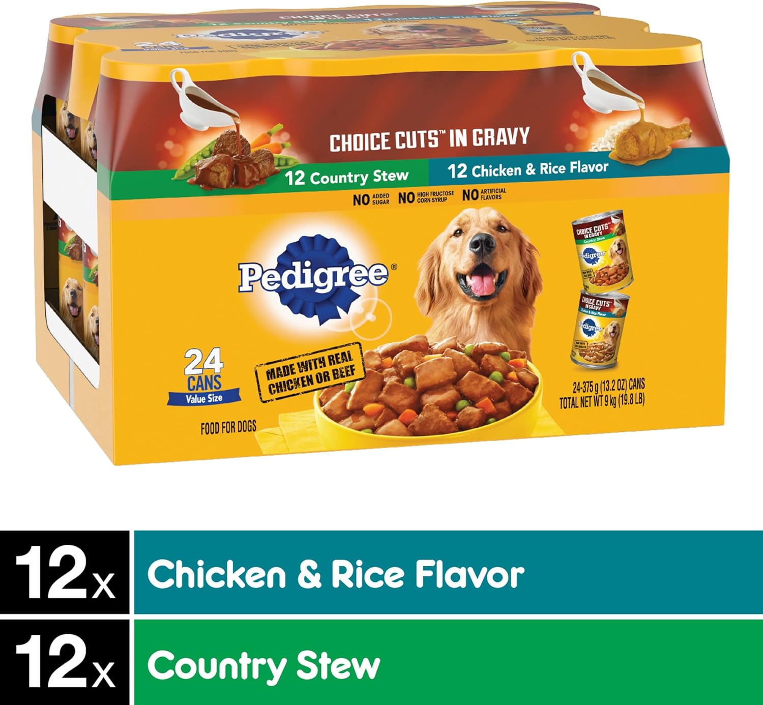 PEDIGREE CHOICE CUTS IN GRAVY, gevarieerd pakket voor zacht nat hondenvoer voor volwassenen, met de smaak Country Stew en Chicken Rice, 13,2 oz. Blikjes (verpakking van 24)