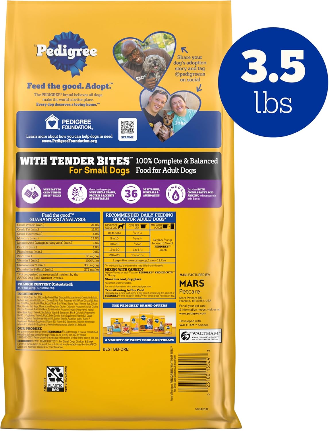 Pedigree With Tender Bites for small dogs Nourriture sèche pour chiens adultes, saveur poulet et steak, sac de 3,5 livres