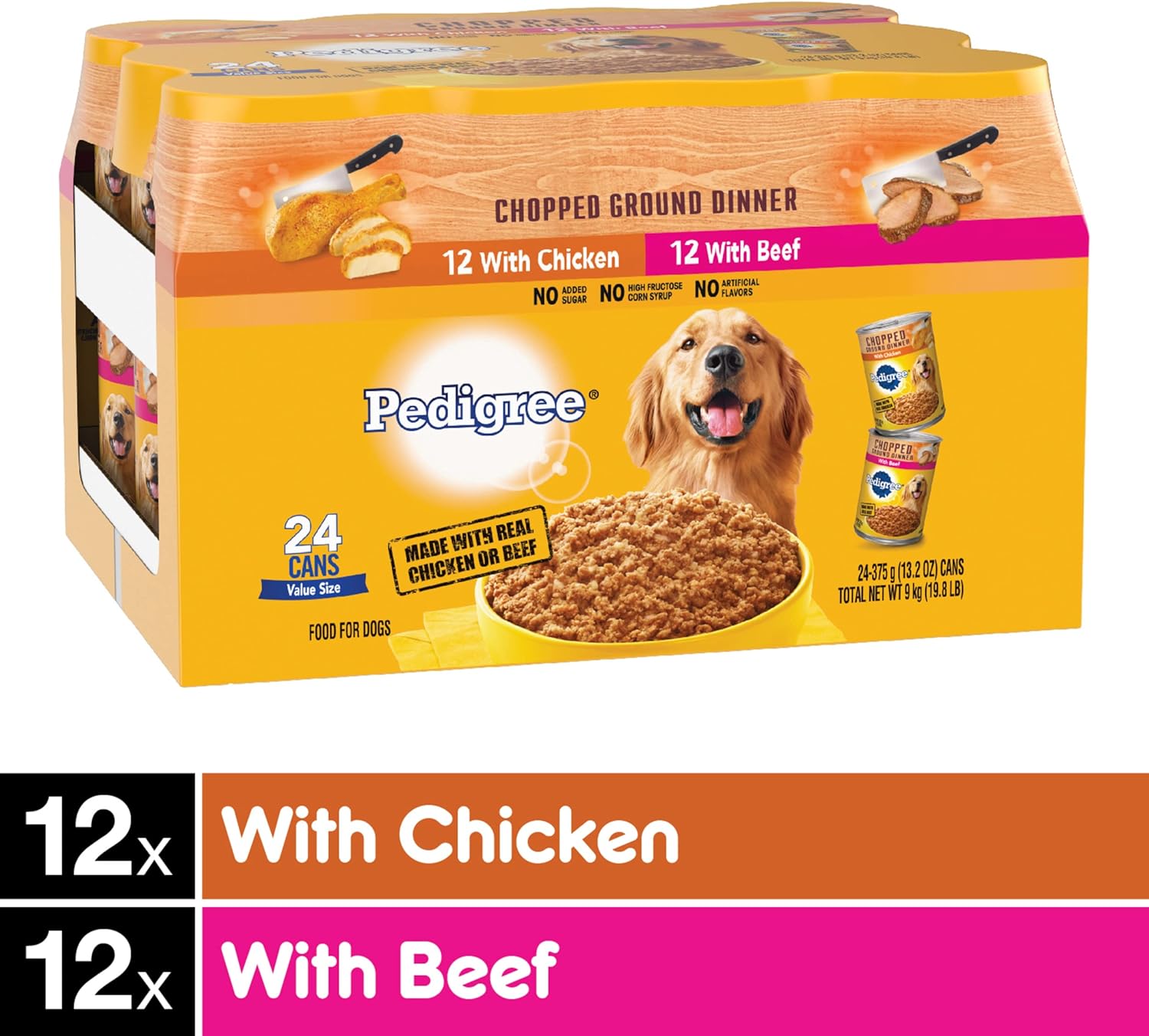 PEDIGREE CHOPPED GROUND DINNER, gevarieerd pakket met zacht natvoer voor volwassenen, met kip en rundvlees, blikjes van 13,2 oz. 24 stuks