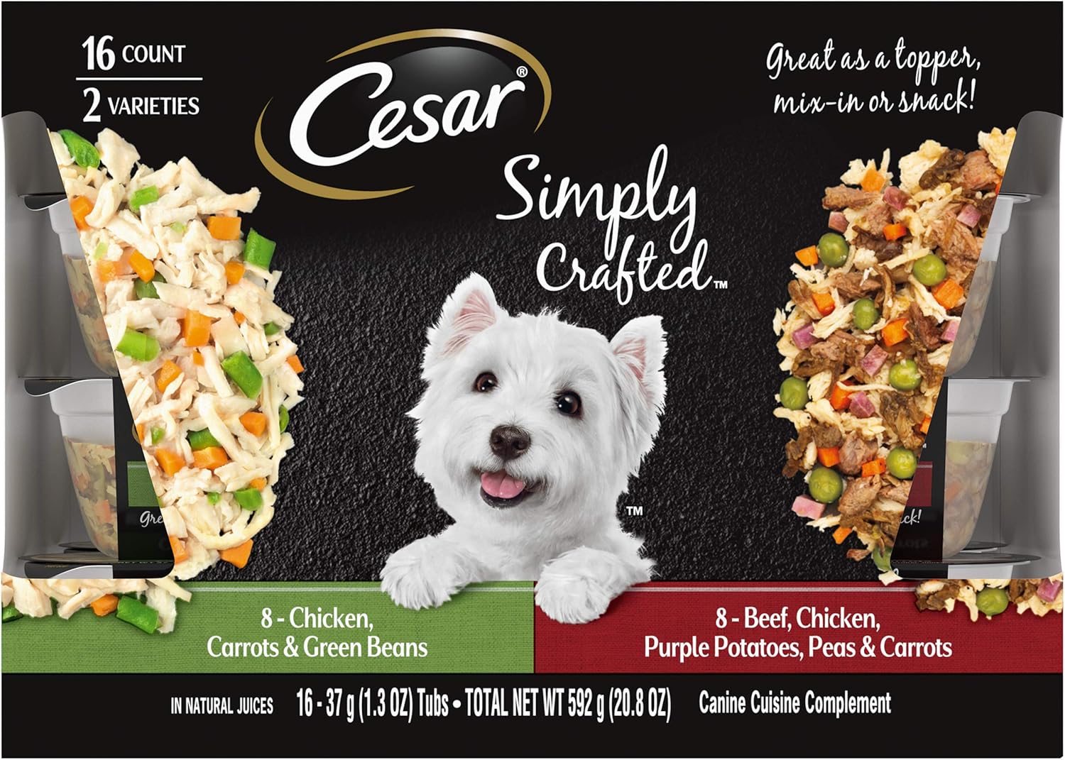 CESAR Simply Crafted Adult Wet Dog Food Meal Topper, Chicken, Carrots  Green Beans and Beef, Chicken, Purple Potatoes, Peas amp; Carrots Variety Pack, 1.3 oz., Pack of 16 · v2