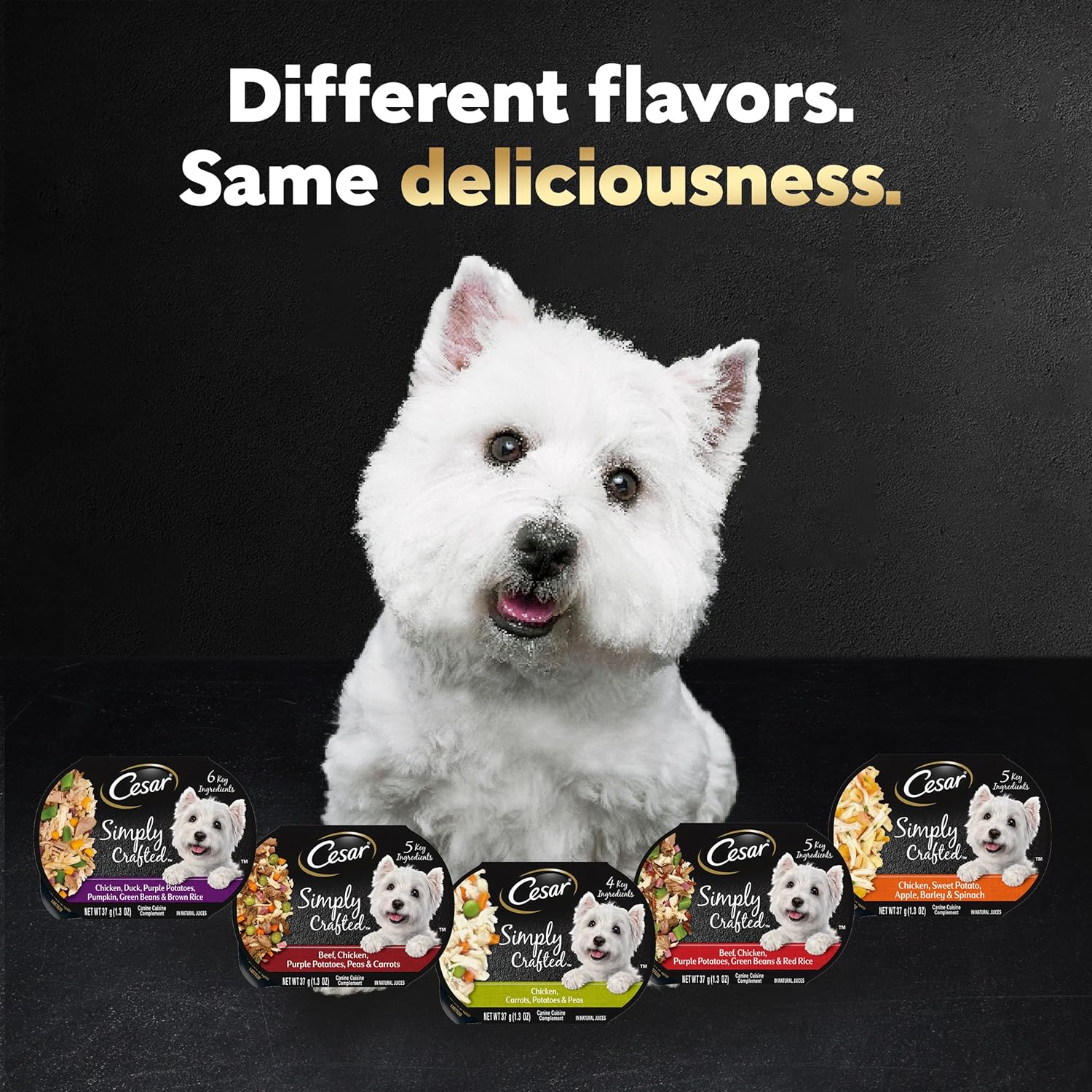 CESAR Simply Crafted Adult Wet Dog Food Meal Topper, Chicken, Carrots  Green Beans and Beef, Chicken, Purple Potatoes, Peas amp; Carrots Variety Pack, 1.3 oz., Pack of 16 · v2