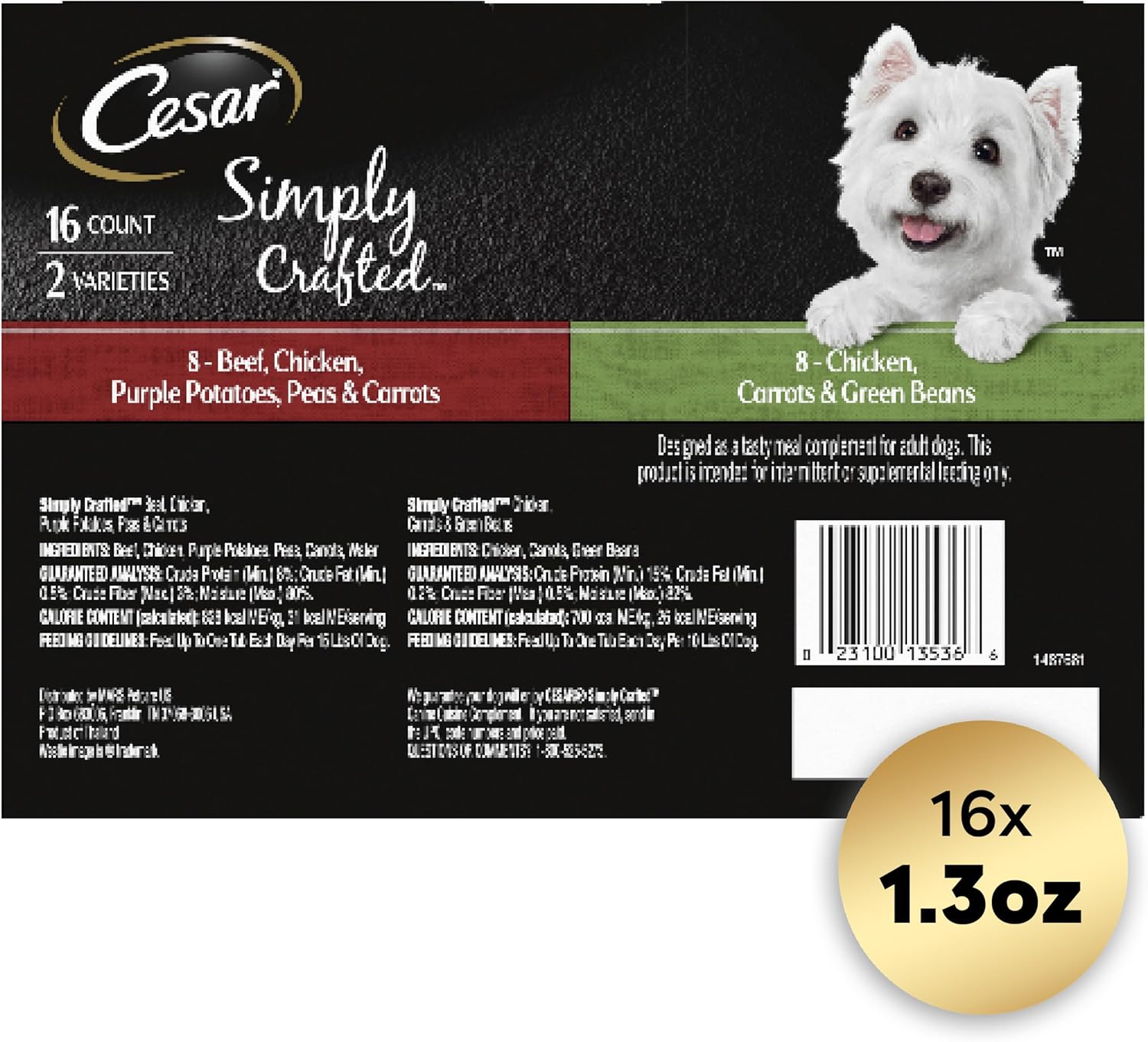 CESAR Simply Crafted Adult Wet Dog Food Meal Topper, Chicken, Carrots  Green Beans and Beef, Chicken, Purple Potatoes, Peas amp; Carrots Variety Pack, 1.3 oz., Pack of 16 · v2