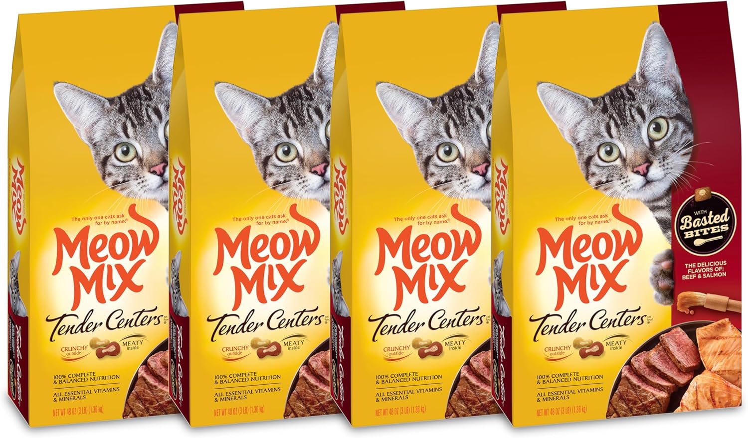 Comida seca para gatos Meow Mix Tender Centers Basted Bites, sabores de ternera y salmón, 3 libras (paquete de 4), crujiente por fuera y carnoso por dentro