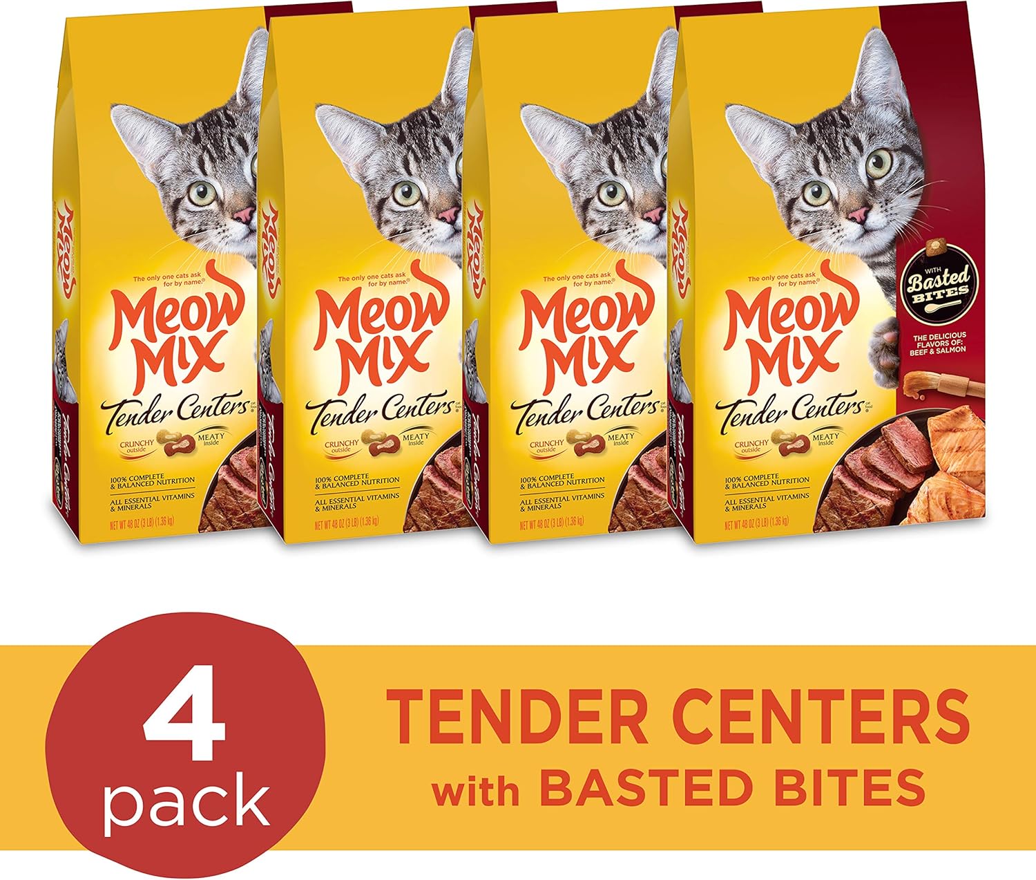 Thức ăn khô cho mèo Meow Mix Tender Centers Basted Bites, hương vị thịt bò cá hồi, 3 pound (gói 4), bên ngoài giòn, bên trong thịt