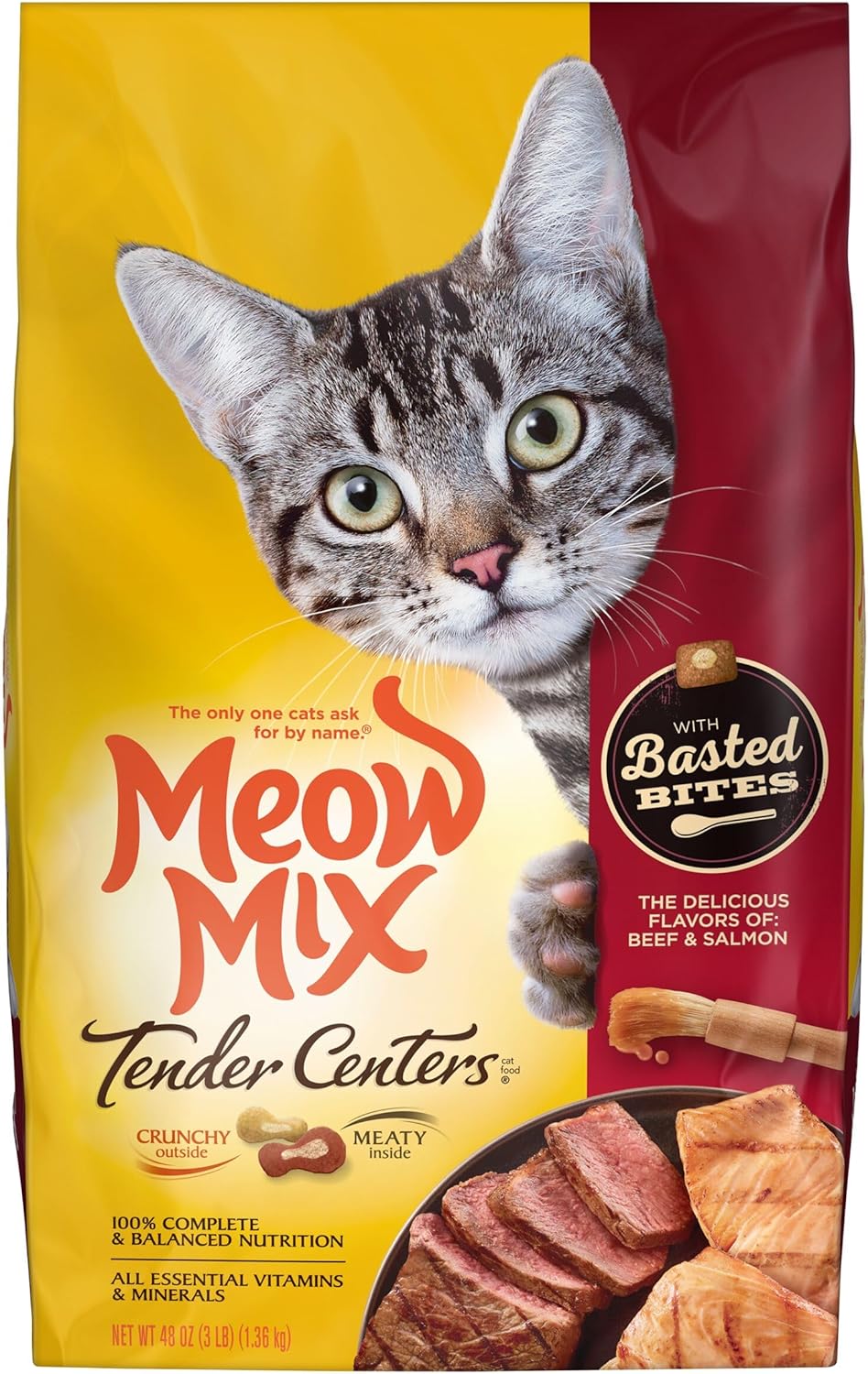 Thức ăn khô cho mèo Meow Mix Tender Centers Basted Bites, hương vị thịt bò cá hồi, 3 pound (gói 4), bên ngoài giòn, bên trong thịt