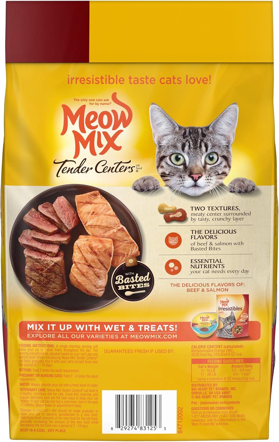 Thức ăn khô cho mèo Meow Mix Tender Centers Basted Bites, hương vị thịt bò cá hồi, 3 pound (gói 4), bên ngoài giòn, bên trong thịt