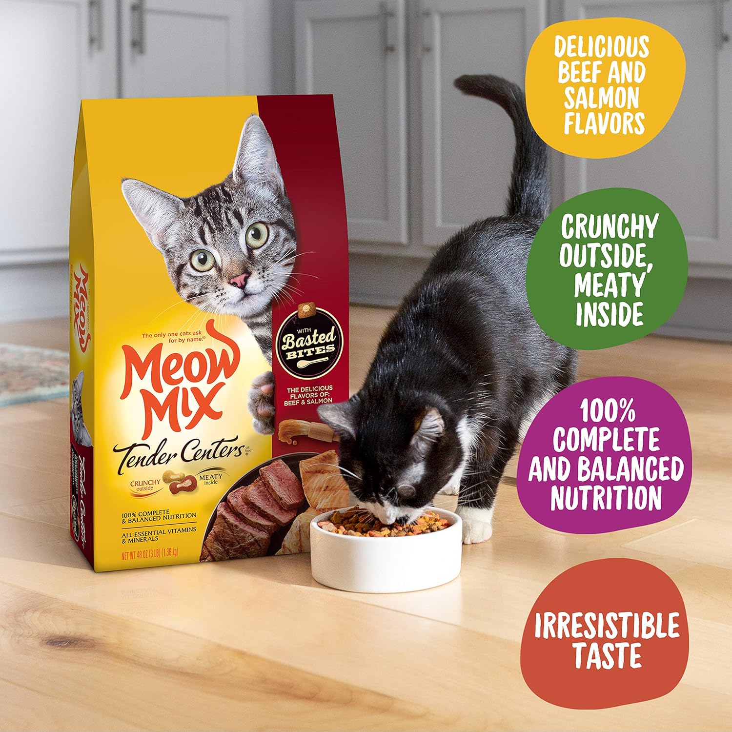 Thức ăn khô cho mèo Meow Mix Tender Centers Basted Bites, hương vị thịt bò cá hồi, 3 pound (gói 4), bên ngoài giòn, bên trong thịt